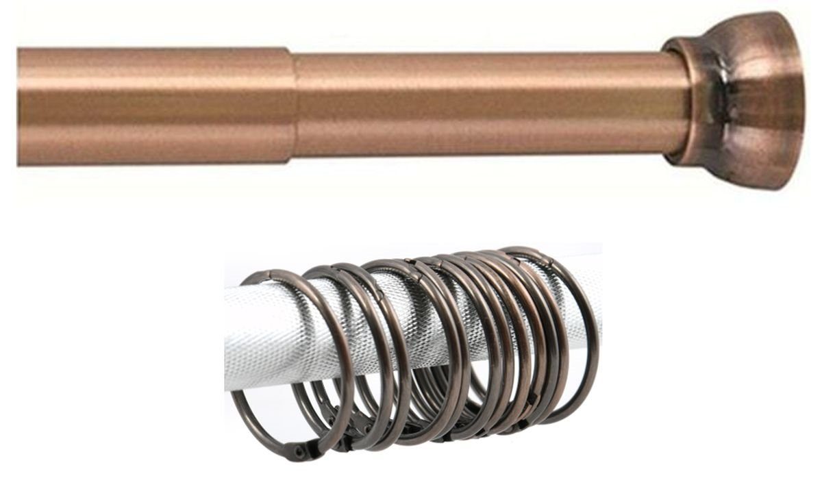 spirella Duschvorhangstange SET KRETA + RINGO SMALL, ausziehbar, geklemmt, zum Einspannen, Komplett Set Duschvorhangstange + 12 Stk. Ringe, stufenlos verstellbare Teleskopstange zum Einspannen - kein Bohren - kratzfestes Aluminium, Ø 21 mm, Verstellbereich 75 - 125 cm, inkl. 12 Stk. Duschvorhangringe Ø 4 cm, kupfer glänzend