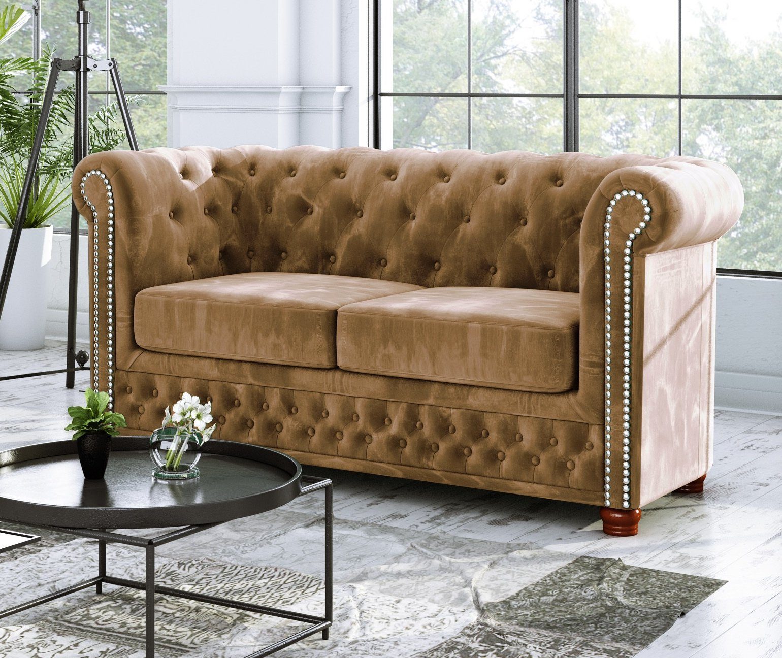 S-Style Möbel Polstergarnitur Beige 3+2+1, Wellenfederung Leeds 3-Sitzer-Sofa, Sessel), 2-Sitzer-Sofa, (1x 1x mit 1x Chesterfield