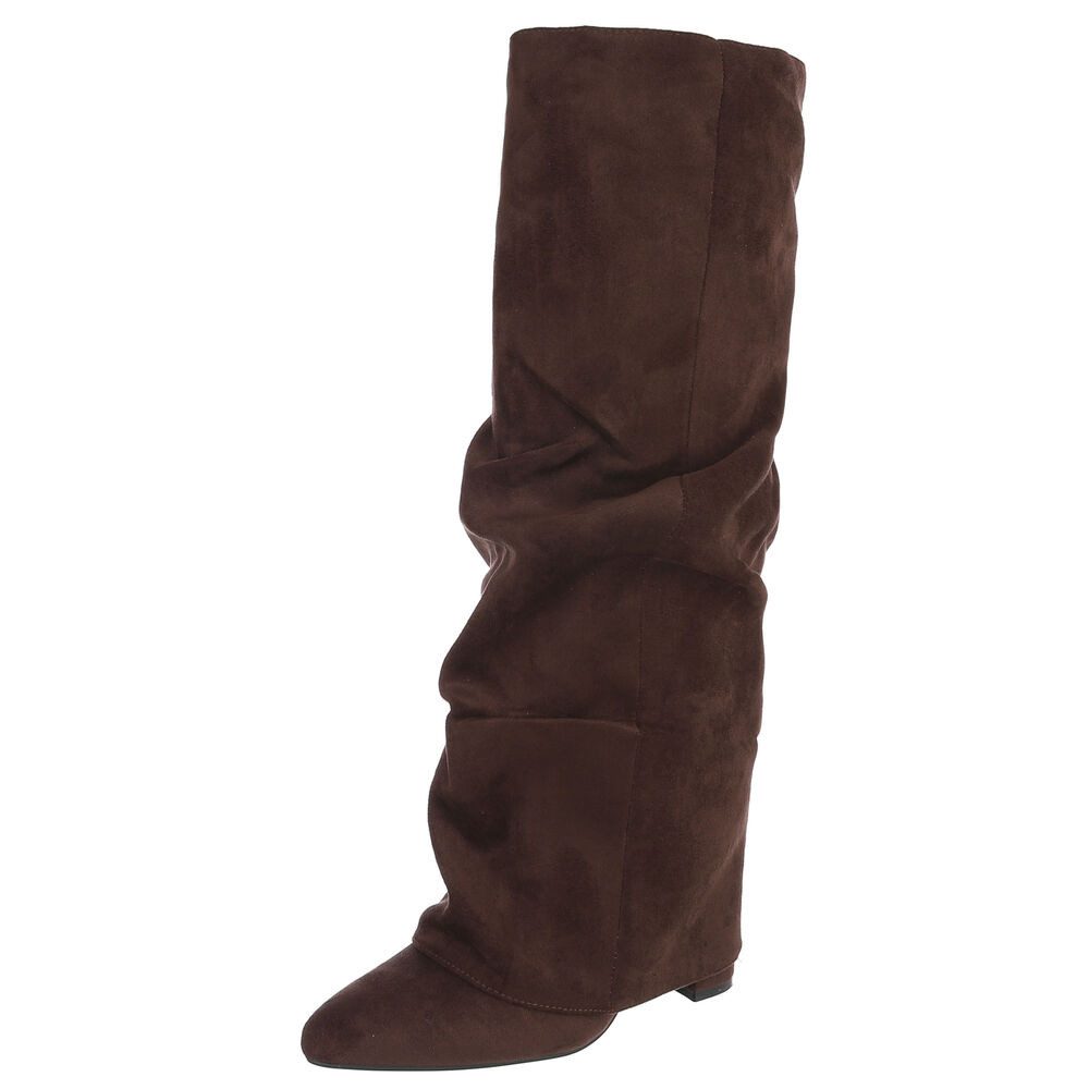 Ital-Design Damen Kniehohe Stiefel mit spitzer Form & Faltenoptik High-Heel-Stiefel (92214253) Blockabsatz Stiefel in Braun