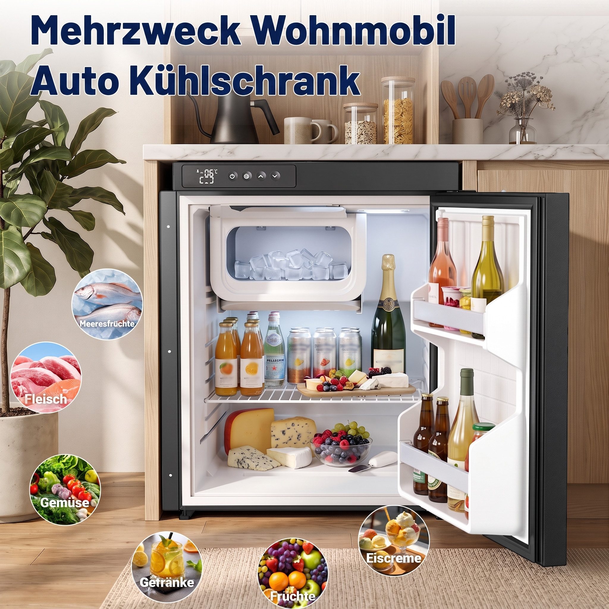 oyajia Elektrische Kühlbox Einbau Kompressor Kühlbox, 12V/24V 100-240V, -20℃ bis 20℃,LED-Leuchten, 65 l