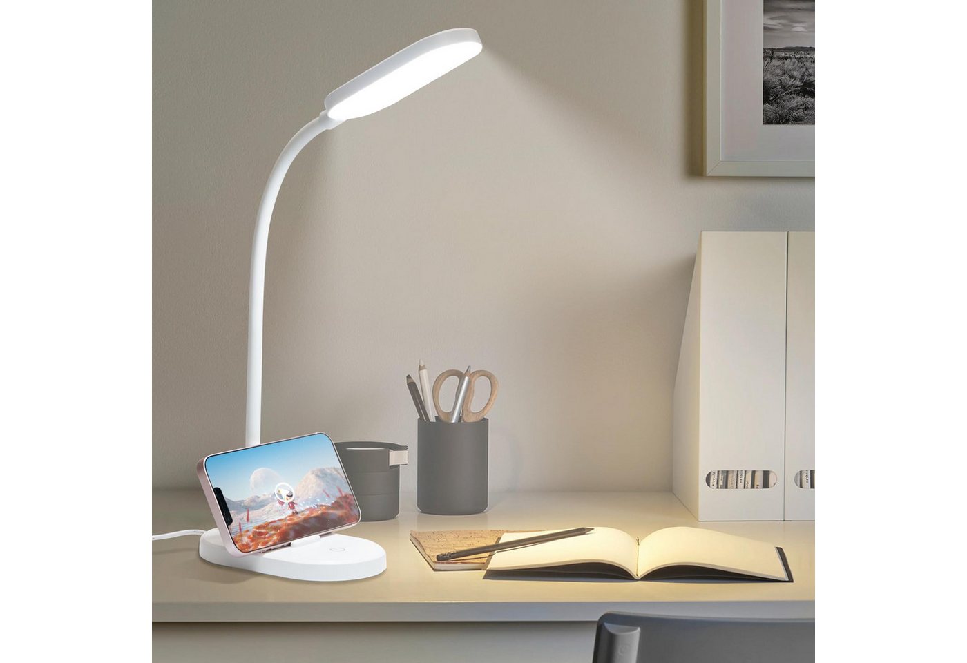 LQWELL Schreibtischlampe Tischleuchte mit Telefonhalter, LED fest integriert, 360° Flexibel Touch-Steuerung, Studienlampe für Heimbüro, 5000k, 160 Lumen, LED Schreibtischlampe