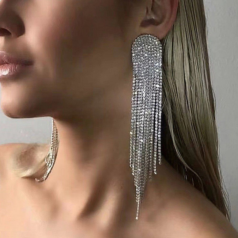 Kaufen Sie Strass-Blatt-Ohrringe mit Quasten - Silber zu