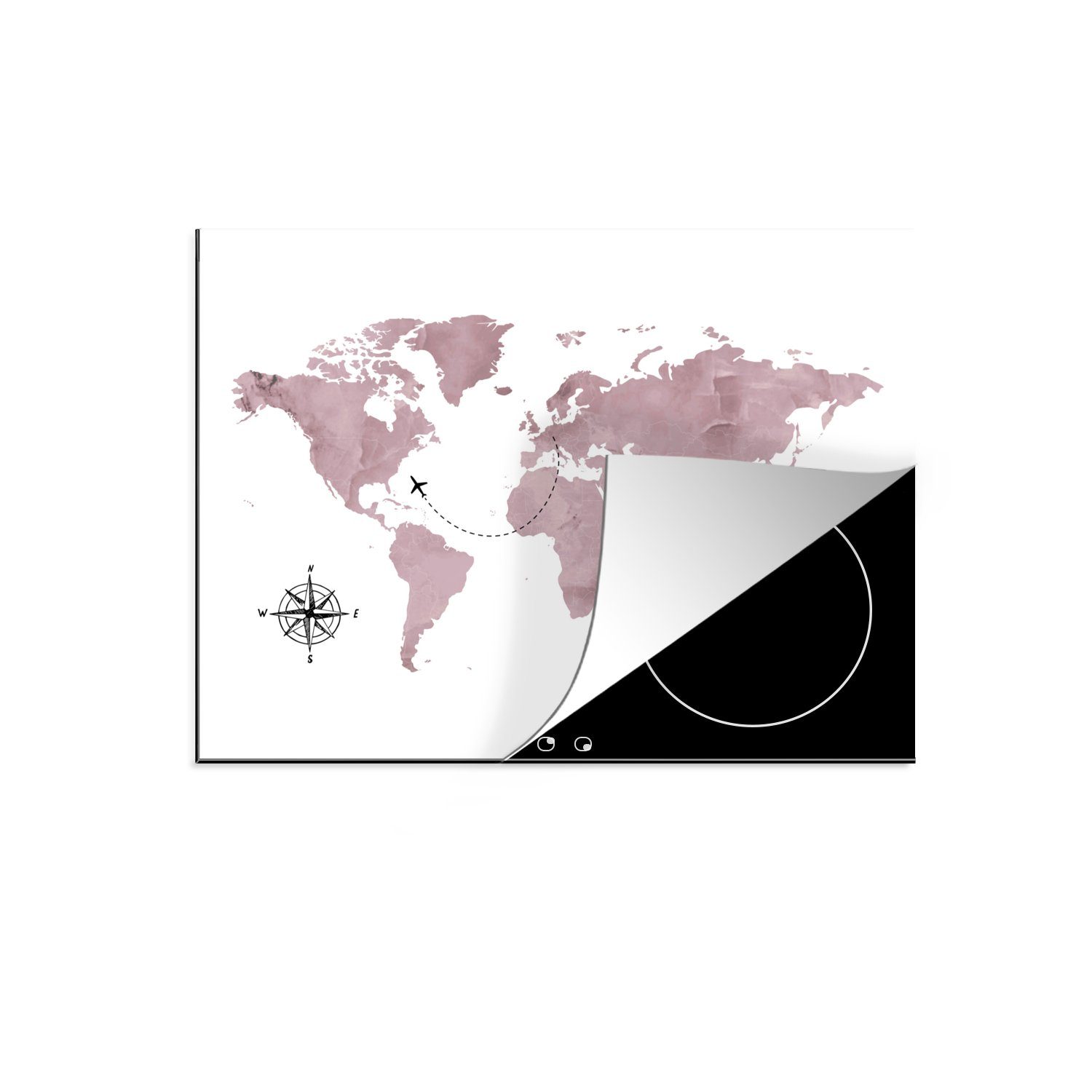 MuchoWow Herdblende-/Abdeckplatte Weltkarte - Rosa - Flugzeug, Vinyl, (1 tlg), 71x52 cm, Induktionskochfeld Schutz für die küche, Ceranfeldabdeckung