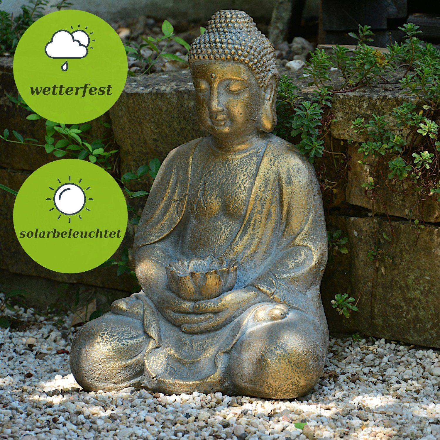 44cm Gartenfigur Buddha Figur und Sensorautomatik Garten Solarbeleuchtung INtrenDU Sensorautomatik, mit