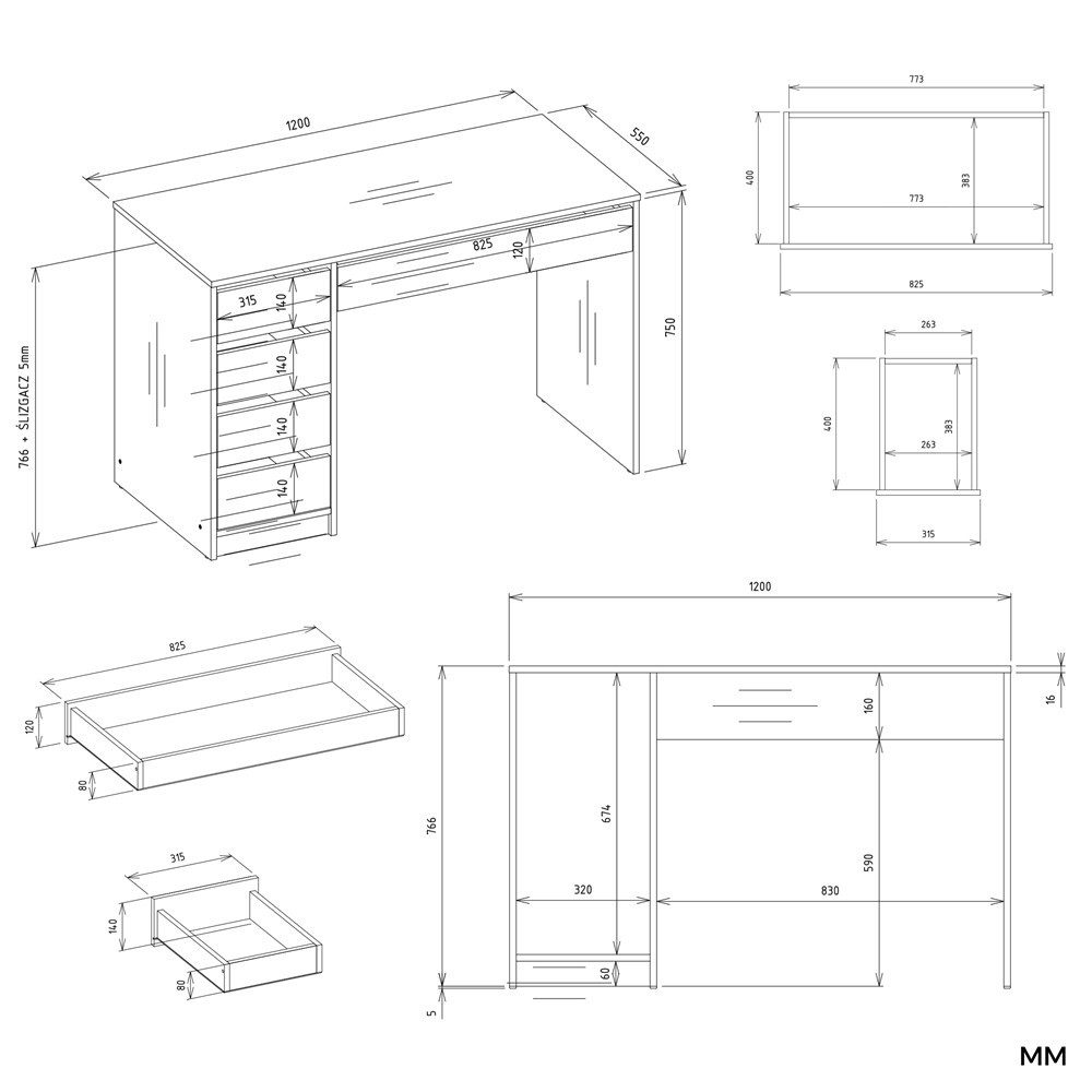Raumhirsch Furniture Schreibtisch Computertisch, Bürotisch, Lerntisch, Arbeitstisch (Maße 120 x 55 x 76,5 (H) cm, 5 Schubladen), Viel Stauraum, Rollenführungen