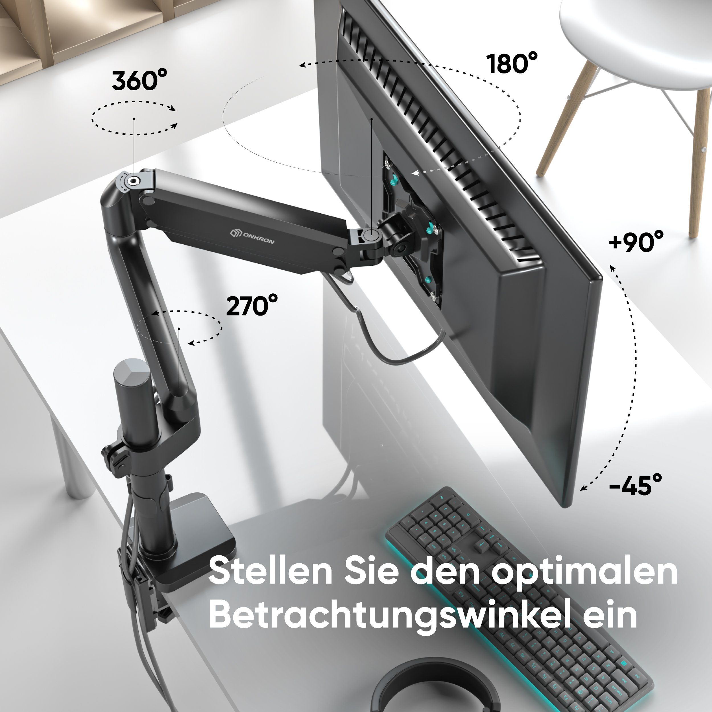 ONKRON Monitor-Halterung 13-34 Zoll, bis 12 kg, VESA 75x75-100x100, G75-B, (bis 34 Zoll, neigbar, schwenkbar, drehbar, Gasdruckfeder, Kabelmanagement)