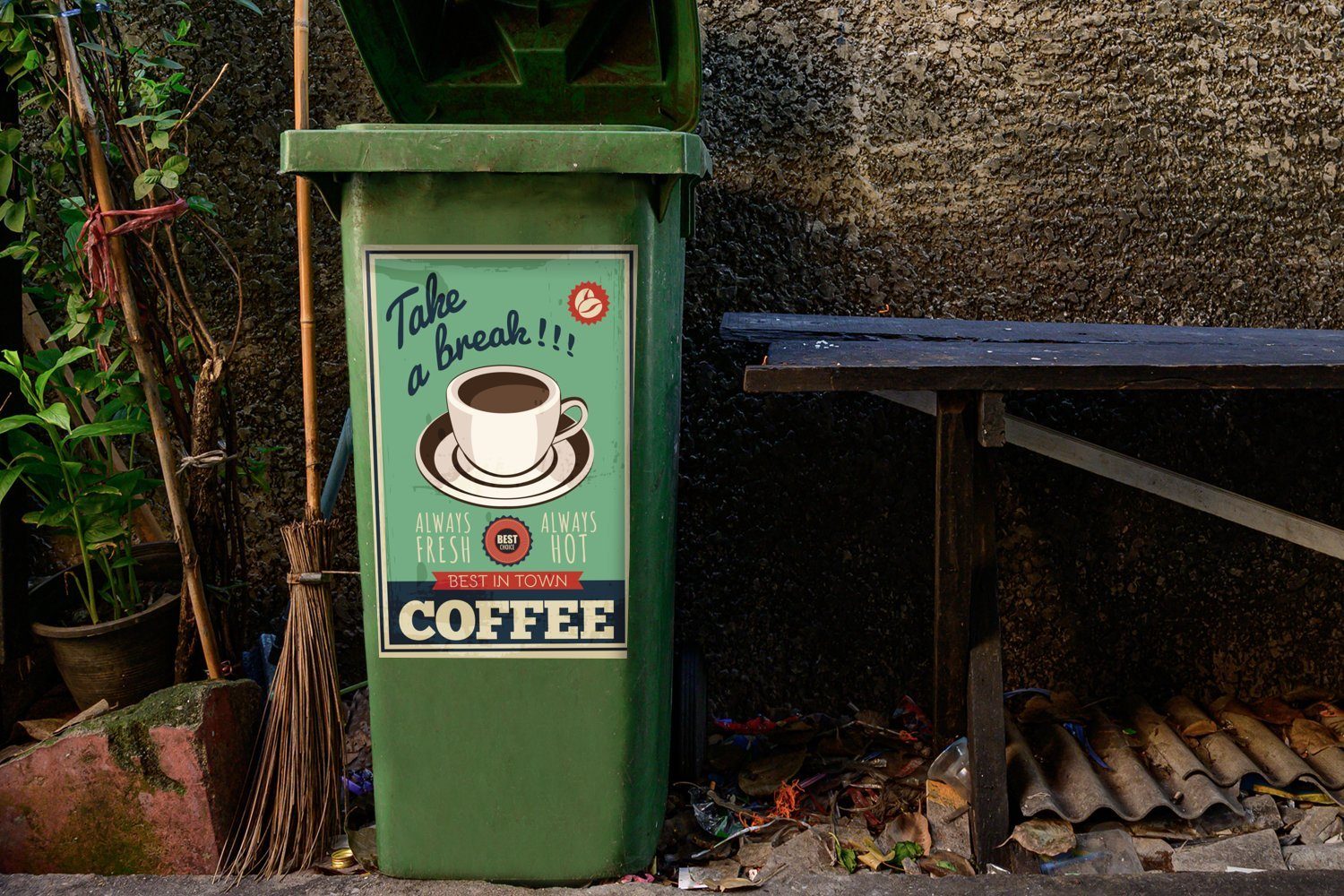 MuchoWow Wandsticker Kaffee - Jahrgang Mülleimer-aufkleber, Zitat Sticker, - St), Abfalbehälter Container, Mülltonne, (1