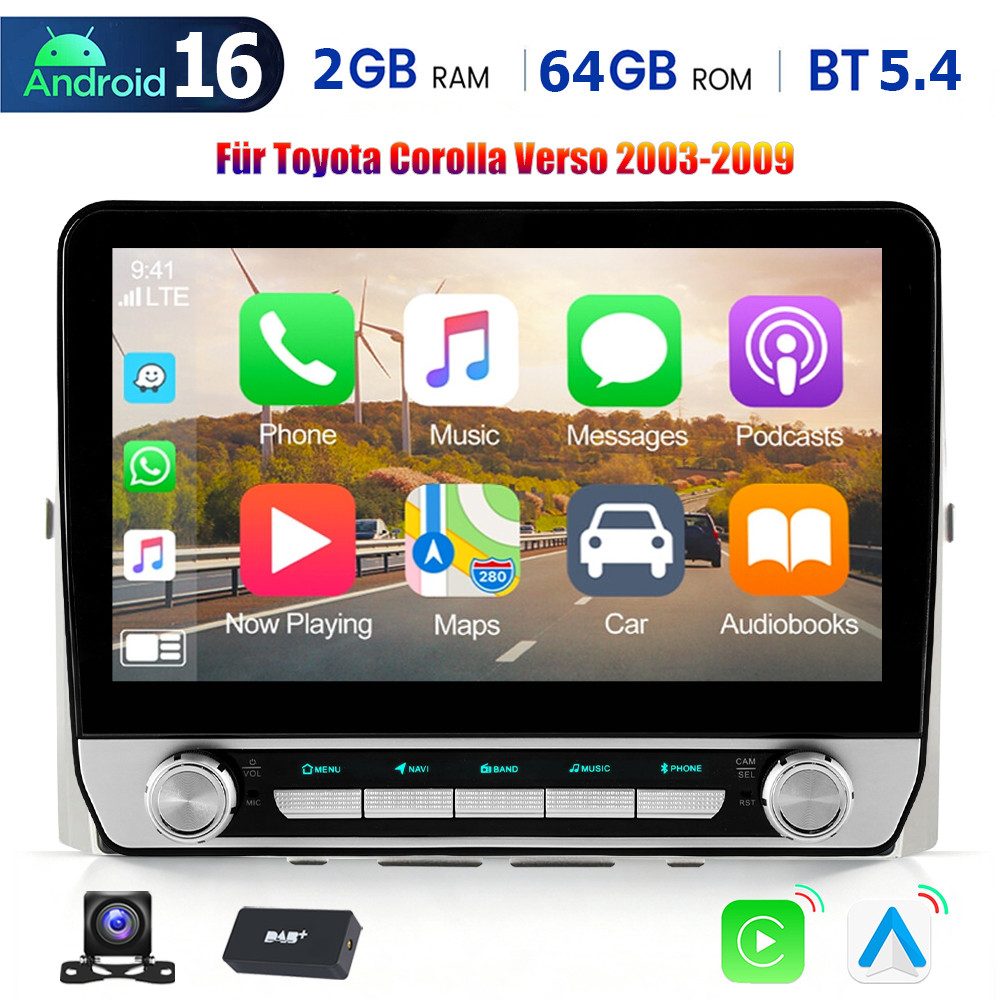 ESSGOO 64/128G Für Toyota Corolla Verso 03-09 Android 15/16 Carplay GPS NAV Autoradio (RDS, 4+64GB(optional), Digitalradio (DAB), FM, GPS, 6+128GB(optional), SWC)
