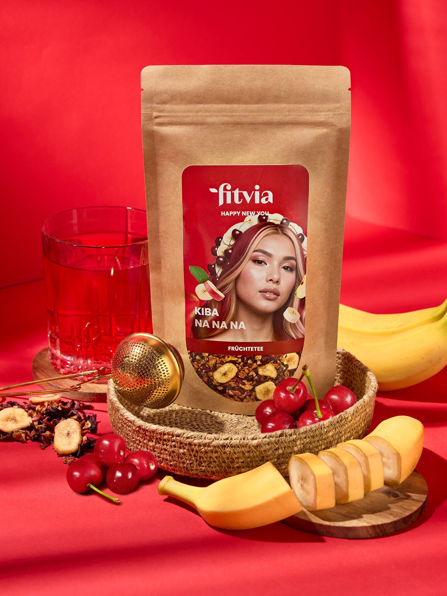 fitvia Tee Früchtetee Banane-Kirsche, lose, 100 g, (Früchtetee Banane Kirsche 100 g – loser aromatischer Früchtetee, 100g), mit süßer Banane & frischer Kirsche, fruchtig-exotischer Geschmack