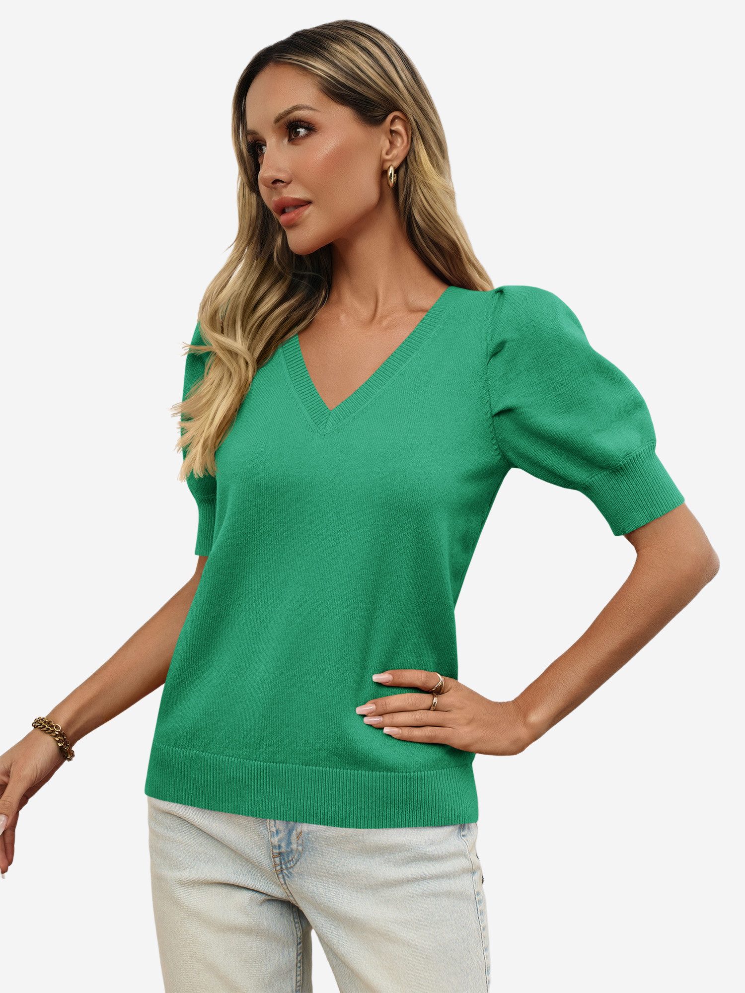 Imily Bela Stricktop Damen Halbarm Puffärmel V-Ausschnitt Top Stricken Sommer Casual (Packung, 1-tlg., 1per-Pack) gehäkelt in Unifarbe – Bild 4 von 5