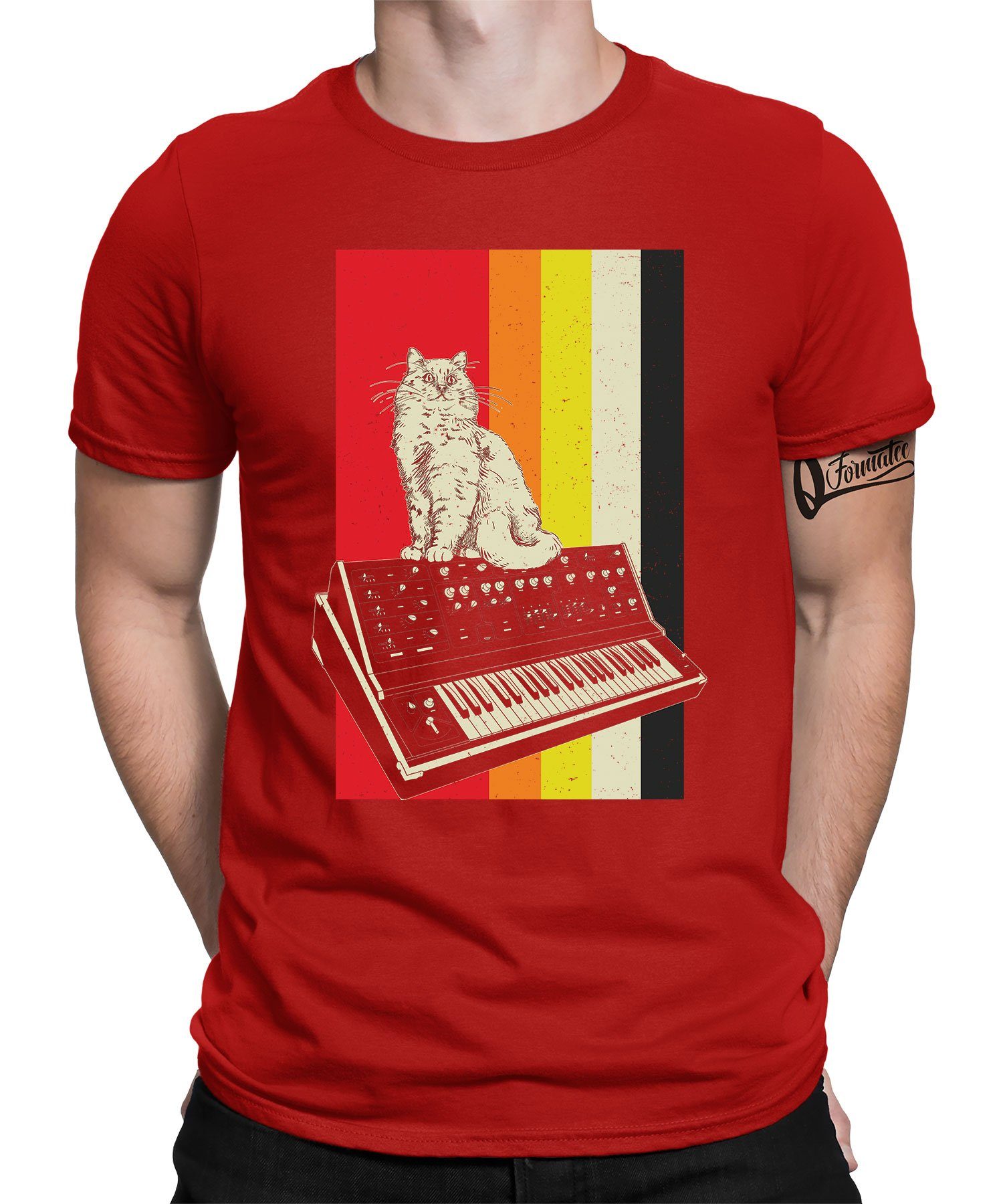 Quattro Formatee Kurzarmshirt Katze Cat Vintage Retro - Elektronische Musiker Synthesizer Herren (1-tlg) Rot | T-Shirts