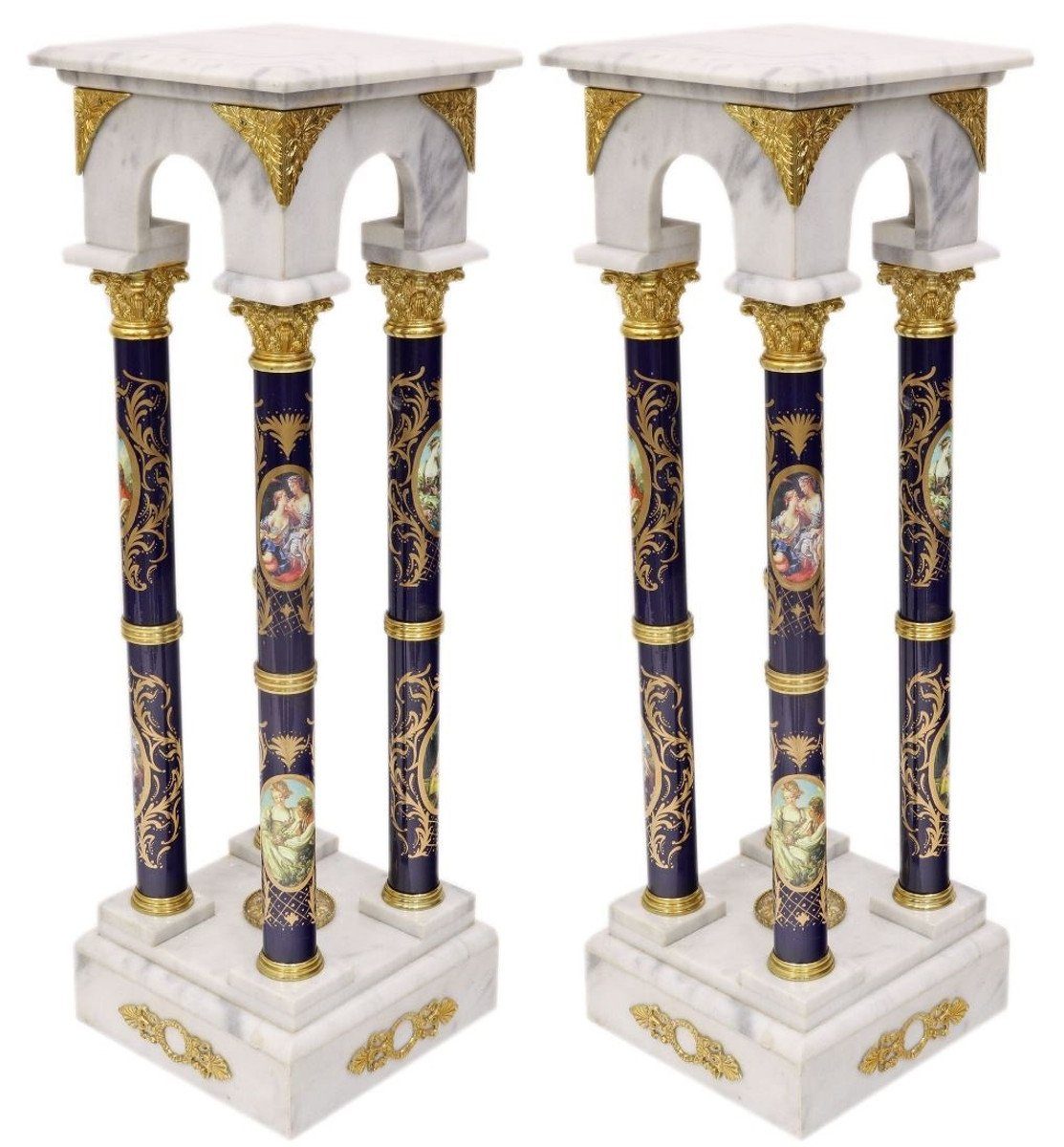 Casa Padrino Beistelltisch Barock Marmorsäulen Set Weiß / Dunkelblau / Gold - Elegantes Säulen Set im Barockstil