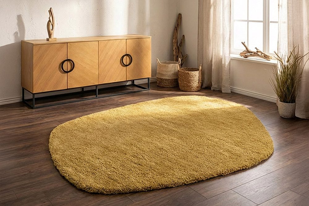 riess-ambiente Designteppich ORGANIC 180x120cm senfgelb - Baumwolle, Hochflor, Indoor, sonnig, oval, Höhe: 2.5 mm, Geeignet für Fußbodenheizungen - ideal für Wohn- und Schlafzimmer