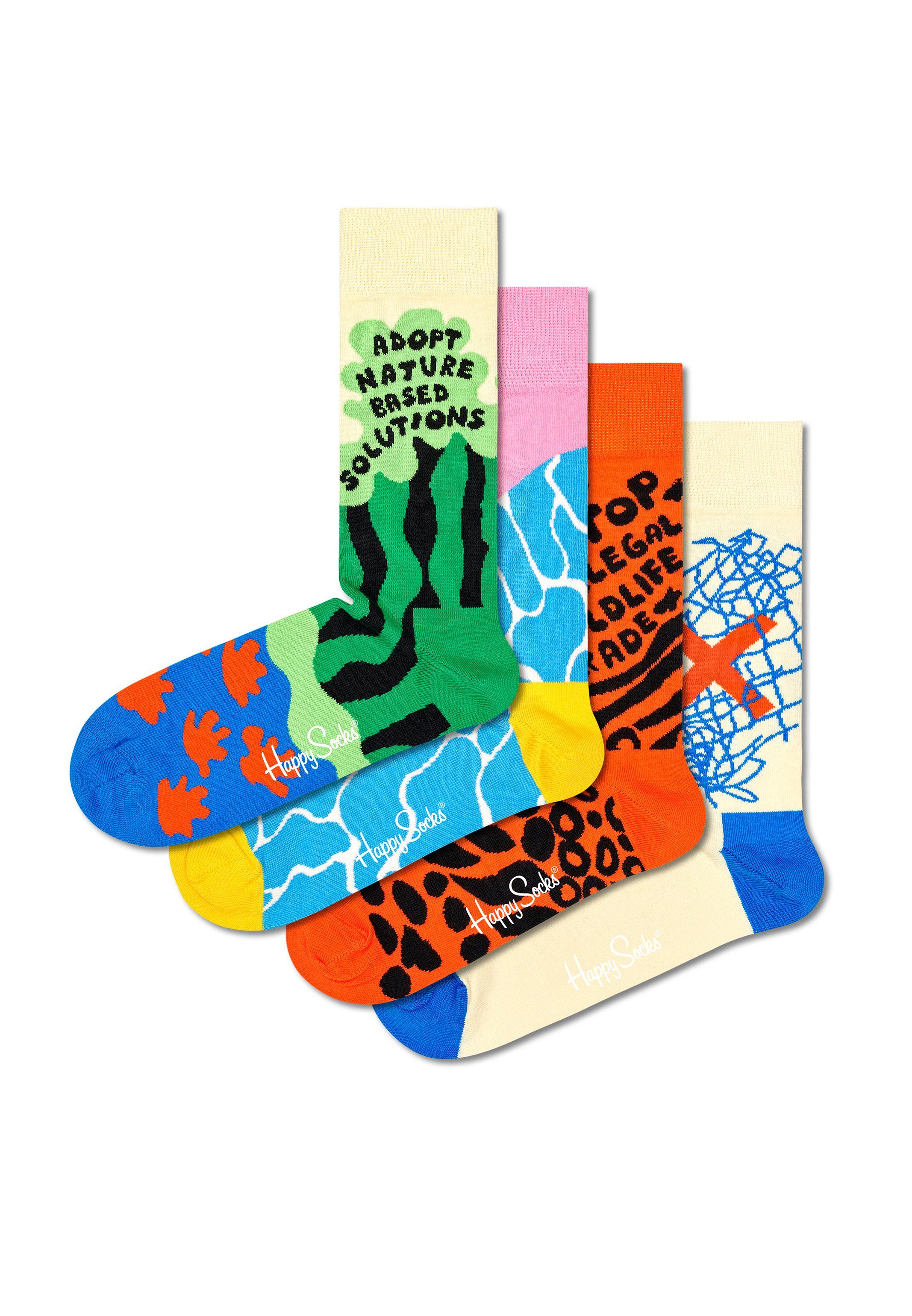 Happy Socks Langsocken »WWF Geschenk Box« (Spar-Set, 4-Paar) 4 Paar Socken  - Baumwolle - 4 Paar bunte Socken in einer Geschenkbox, Jedes Paar zeigt  unterschiedliche Muster und Farben, Gestrickt aus gekämmter Baumwolle
