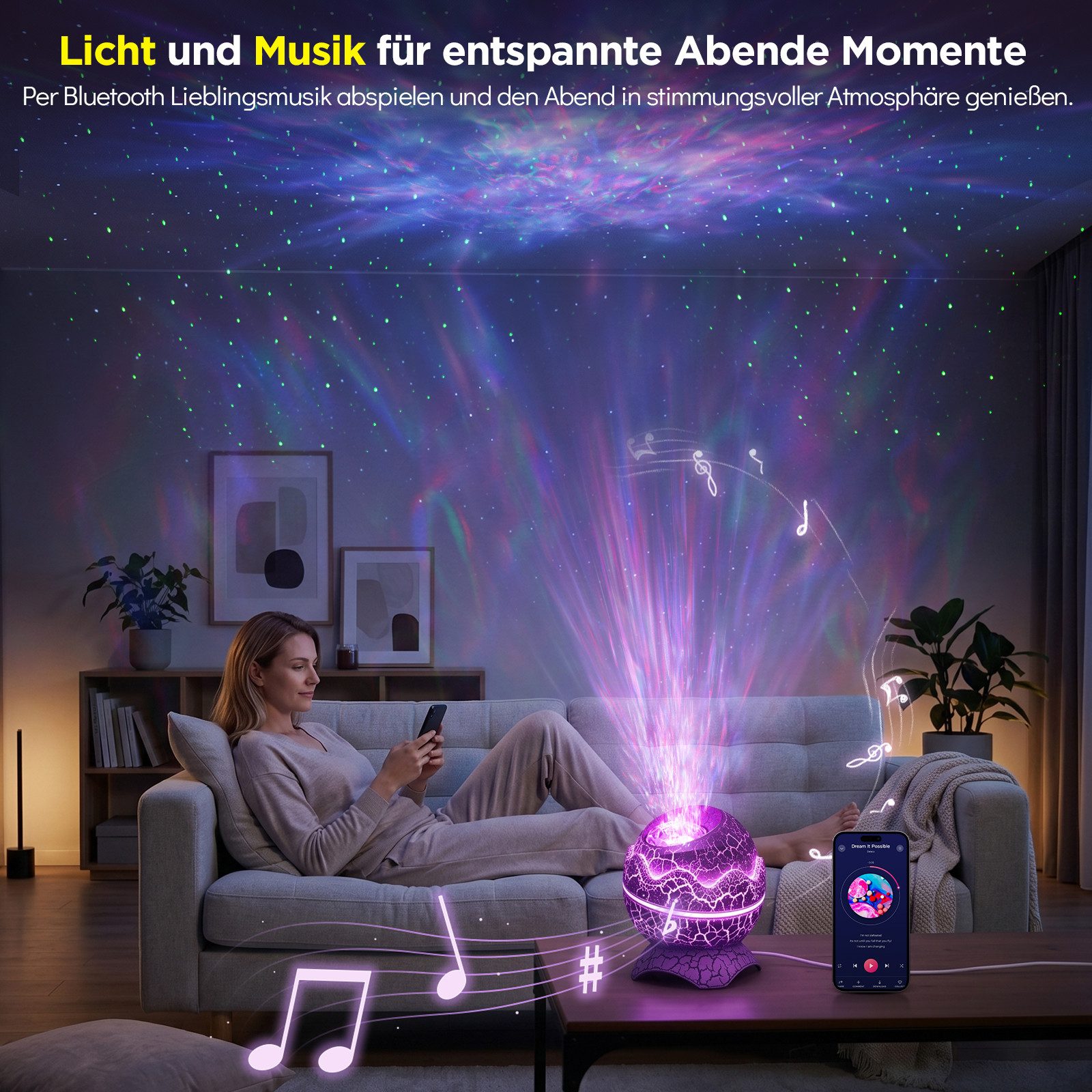 ANYSUN LED-Sternenhimmel Sternenhimmel Projektor mit Musikplayer Nachtlicht Aurora Effekt, LED Nachtlicht Polarlicht mit Fernbedienung, Weisse Rauschen Timer und Sternen für Kinder Erwachsene Deko