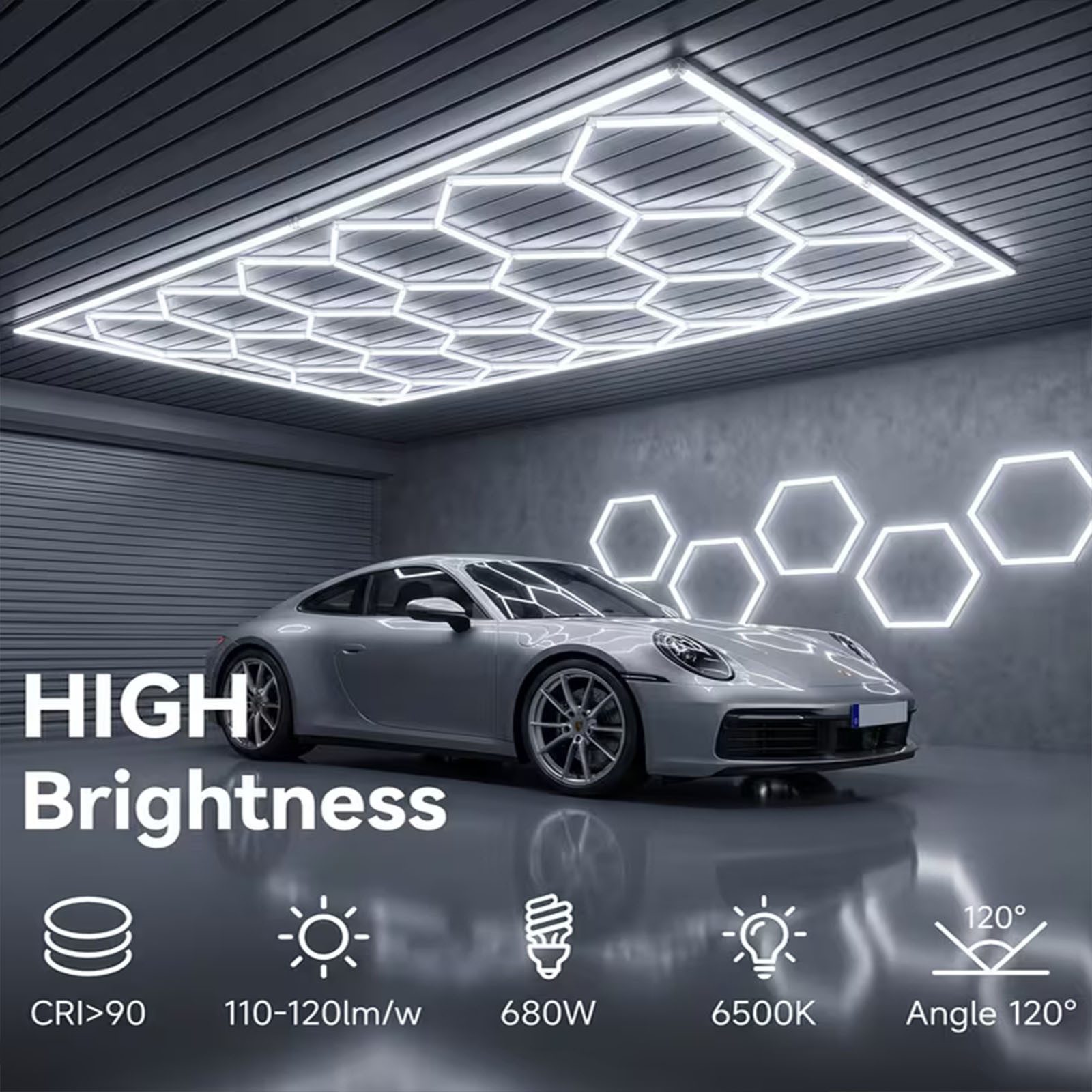 oyajia Deckenleuchten 14 Packs Hexagon mit Rand, LED Deckenleuchte Garage Light 680W 72800lm, Kaltweiß, DIY LED Dekolicht für Garage, Studio, Parkplatz, Auto-De – Bild 4 von 5