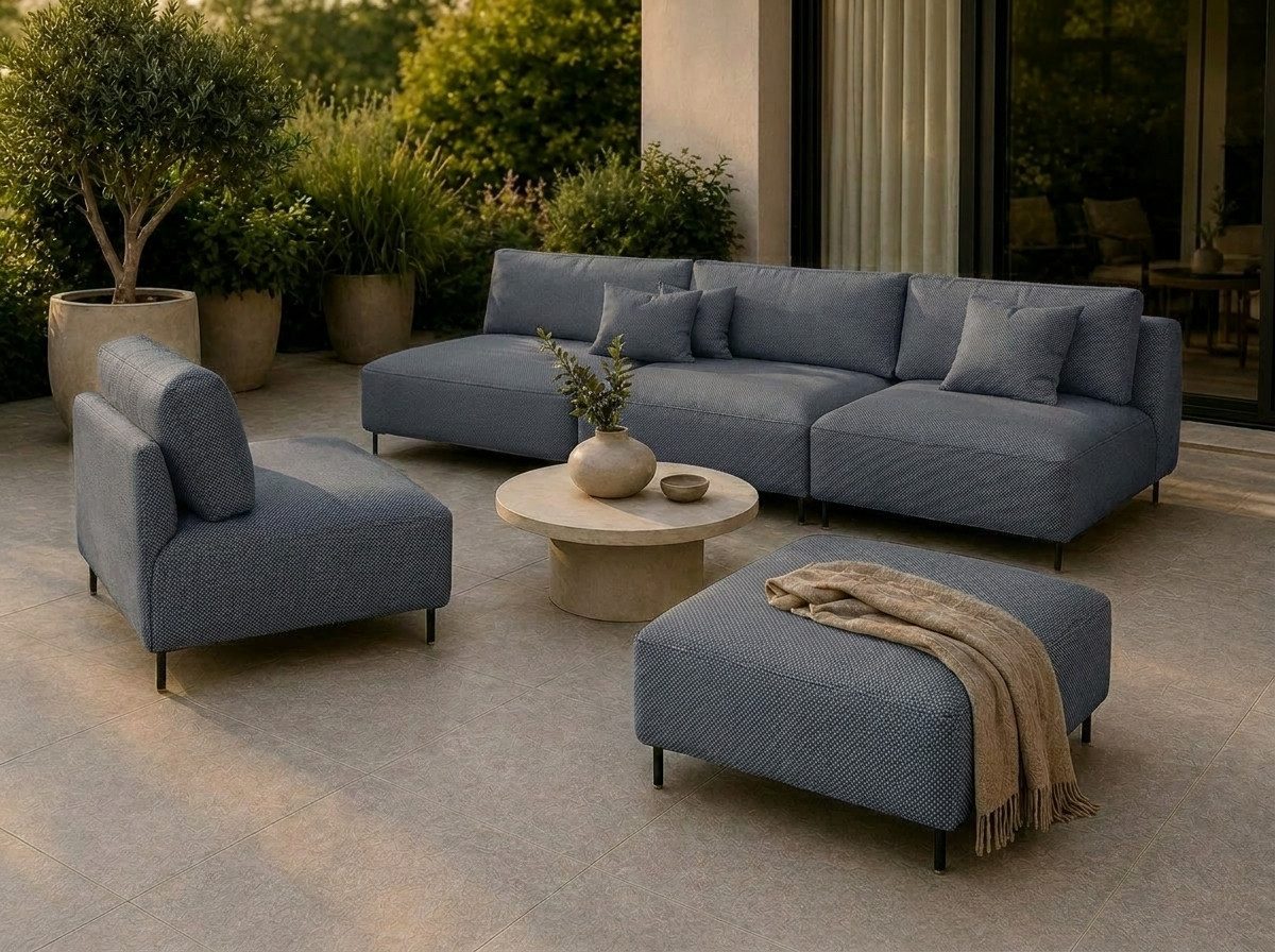 A&J MöbelLand GmbH Gartenlounge-Set Outdoor Lounge Set SUN – Sofa, Sessel und Hocker, (Outdoor Lounge Set für Garten und Terrasse, 3-teiliges modernes Garten Lounge Set), Wetterfestes Lounge Set für Garten und Terrasse