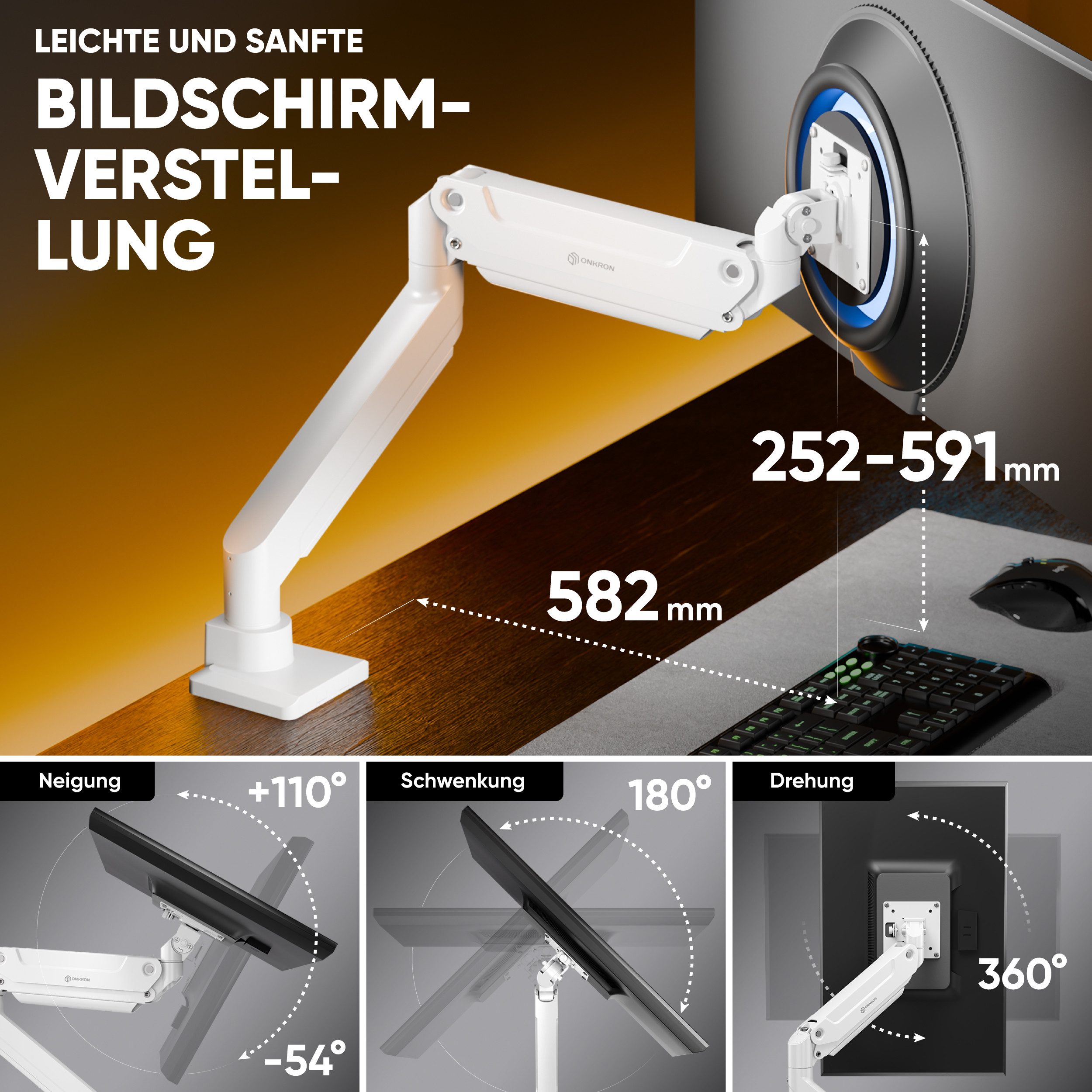 ONKRON Monitor-Halterung 17-49 Zoll, bis 20 kg, VESA 75x75-100x100, G100-W, (bis 49 Zoll, Packung, 1-tlg., neigbar, schwenkbar, drehbar, Gasdruckfeder, Kabelman – Bild 4 von 5