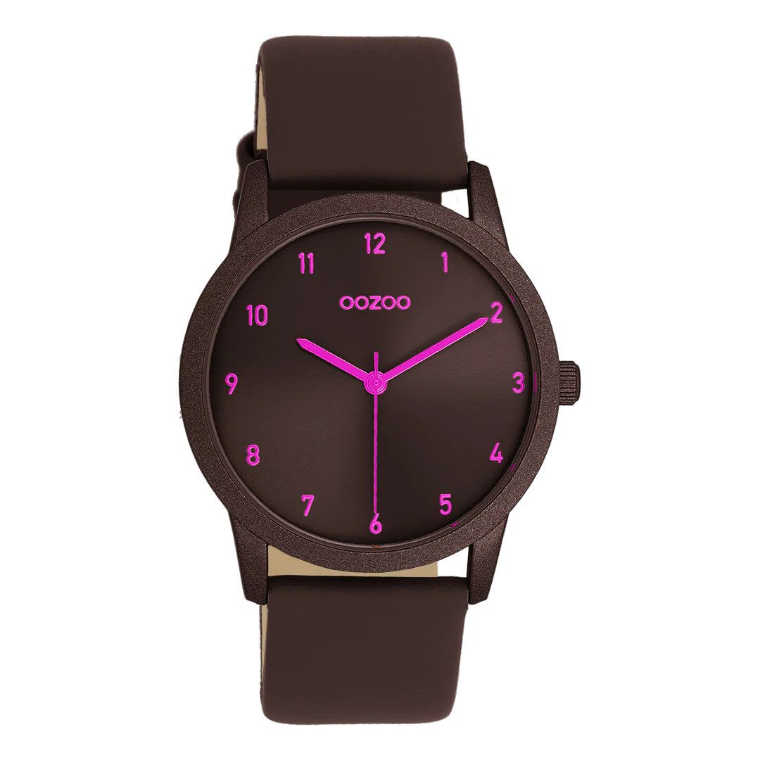 Quarzuhr Damenuhr C11647 – braun mit violetten Akzenten, Lederband, 38 mm
