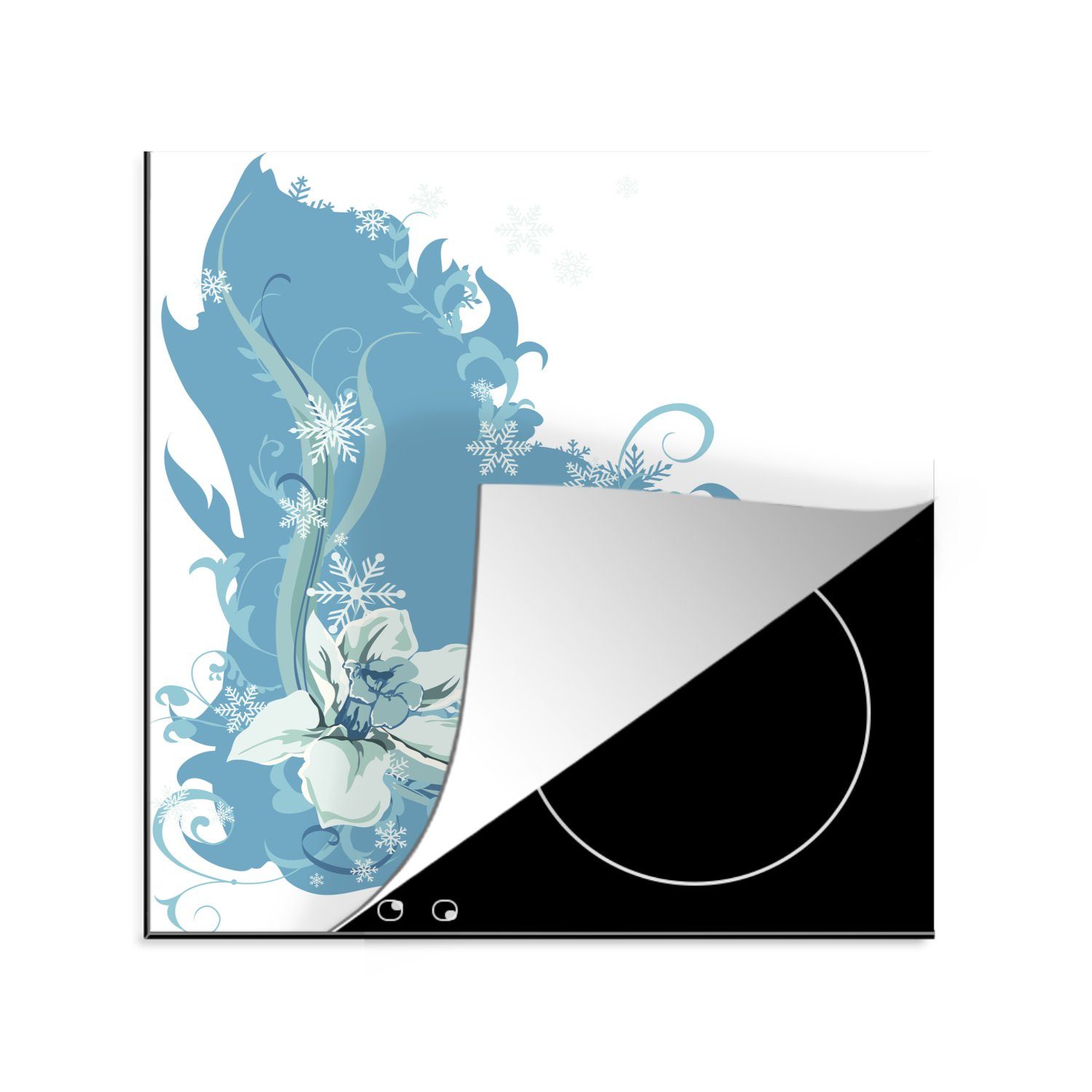MuchoWow Herdblende-/Abdeckplatte Eine Illustration einer blauen Orchidee, umgeben von Schneeflocken, Vinyl, (1 tlg), 78x78 cm, Ceranfeldabdeckung, Arbeitsplatte für küche