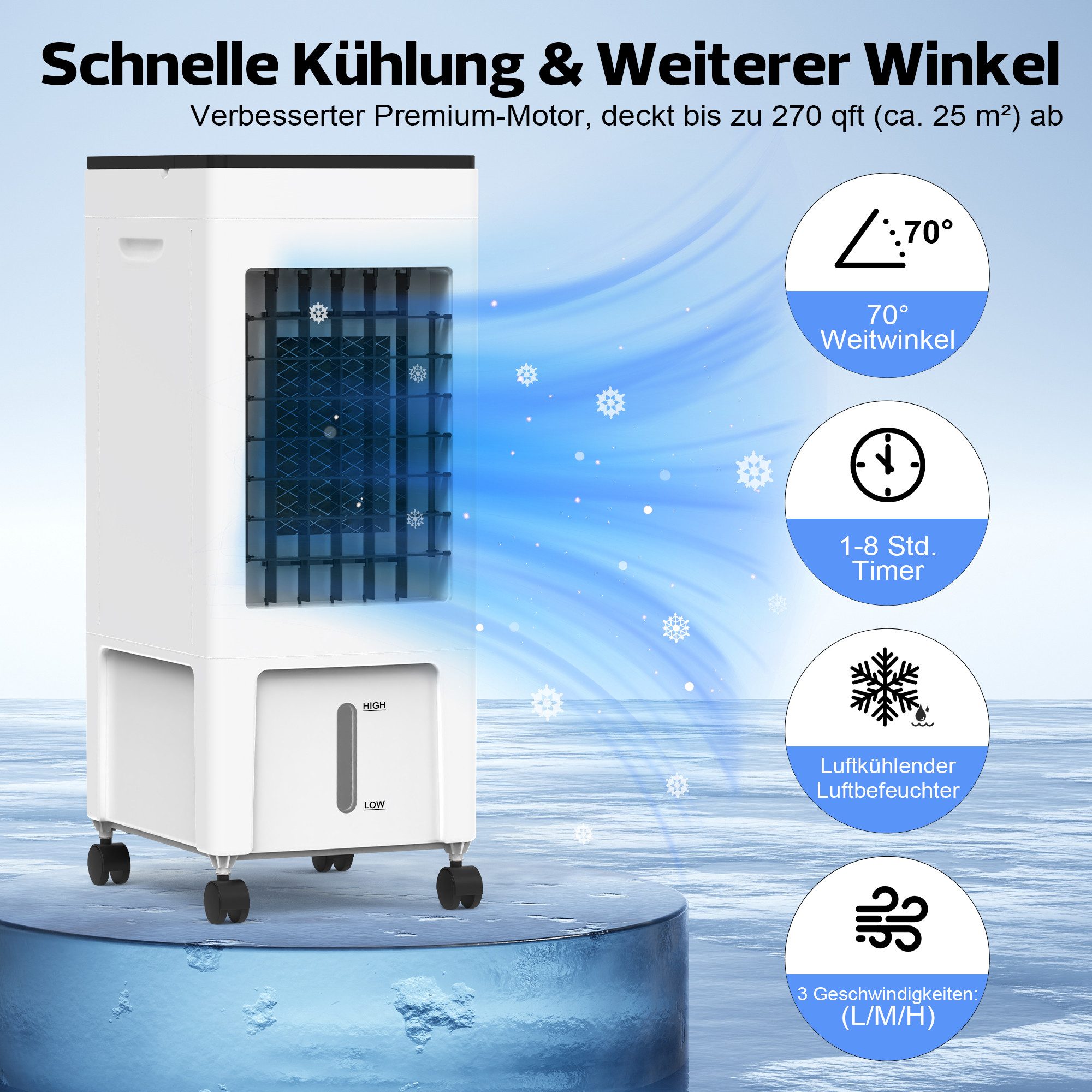 Rebonique Standventilator 3 in 1 Luftkühler Luftbefeuchter Ventilator Leise 8H Timer 3 Geschw., 70° Oszillation 8L Wassertank Fernbedienung 8H Timer