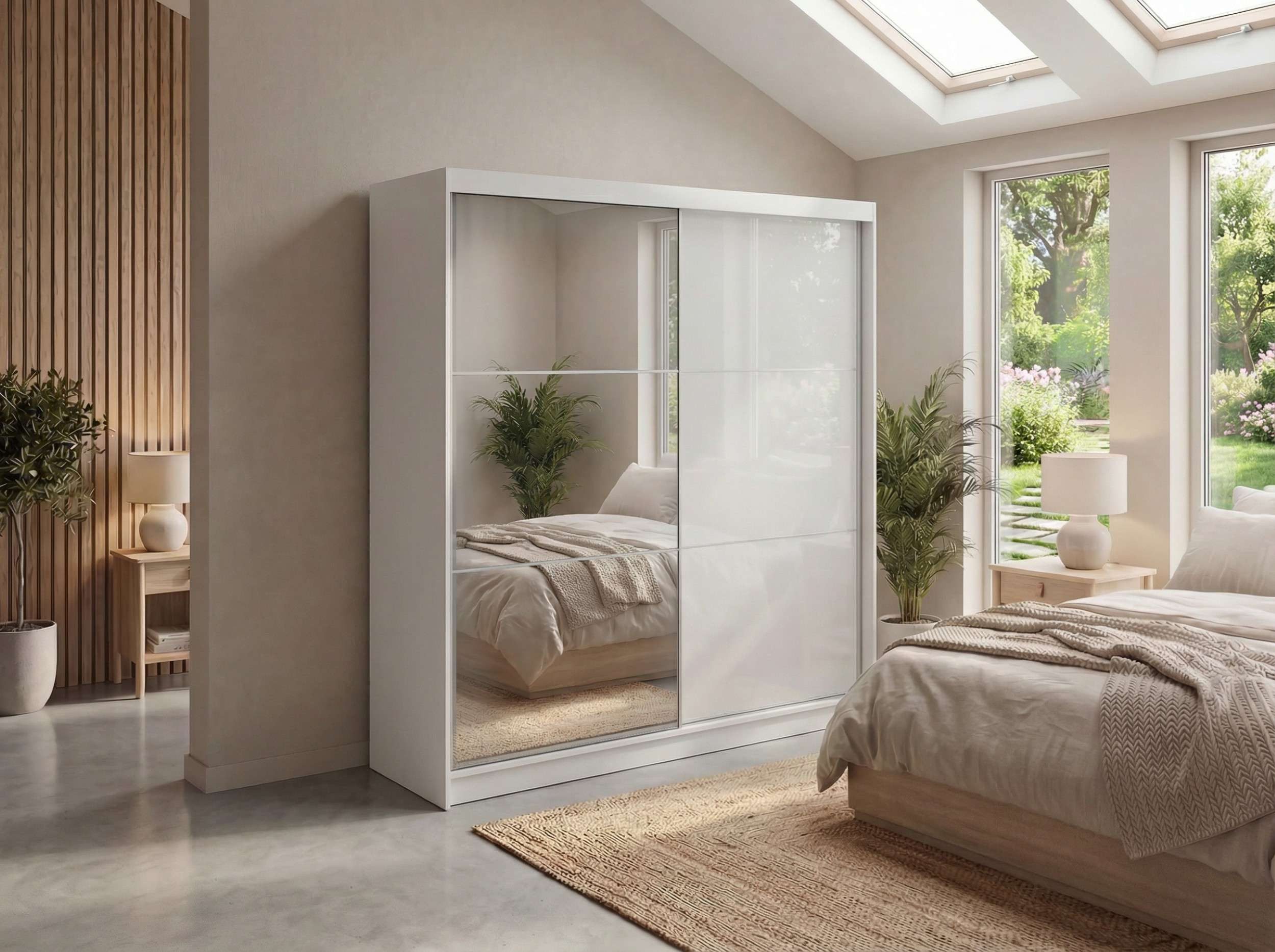 MKS MÖBEL Schiebetürenschrank WALENCJA 200 (Kleiderschrank mit Spiegel und Lacobel, mit Schiebetüren) Schlafzimmerschrank mit Stauraum, 216 cm hoch, 61 cm tiefe