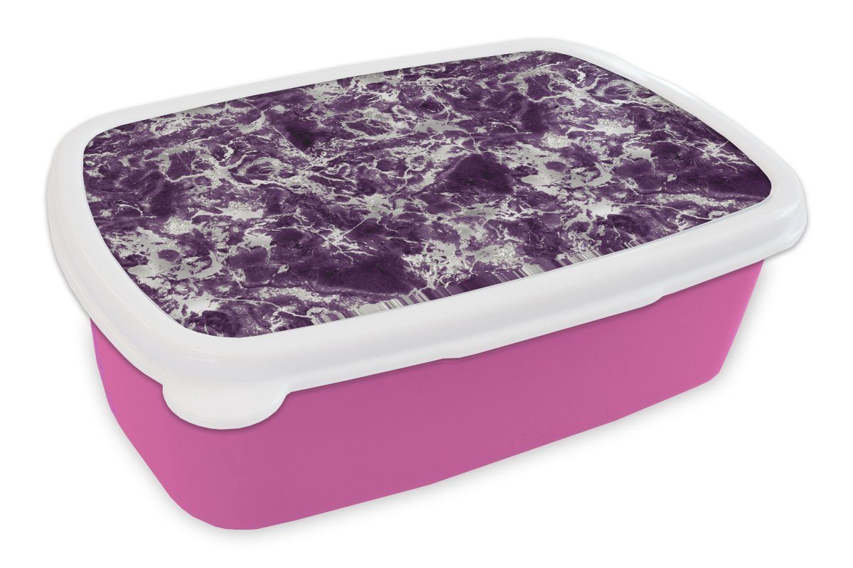 MuchoWow Lunchbox Marmor - Lila - Silber - Muster, Kunststoff, (2-tlg), Brotbox für Erwachsene, Brotdose Kinder, Snackbox, Mädchen, Kunststoff rosa