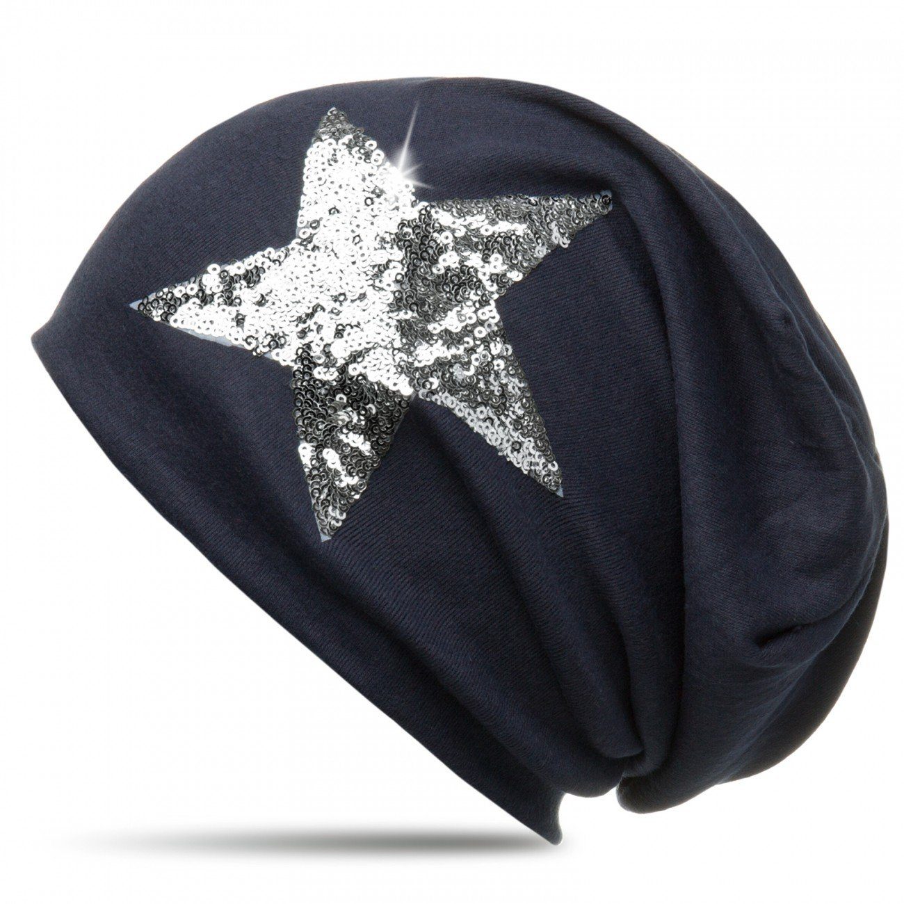 Caspar Beanie MU136 Mütze mit Pailletten Stern und warmem Flanell Stoff dunkelblau (uni)