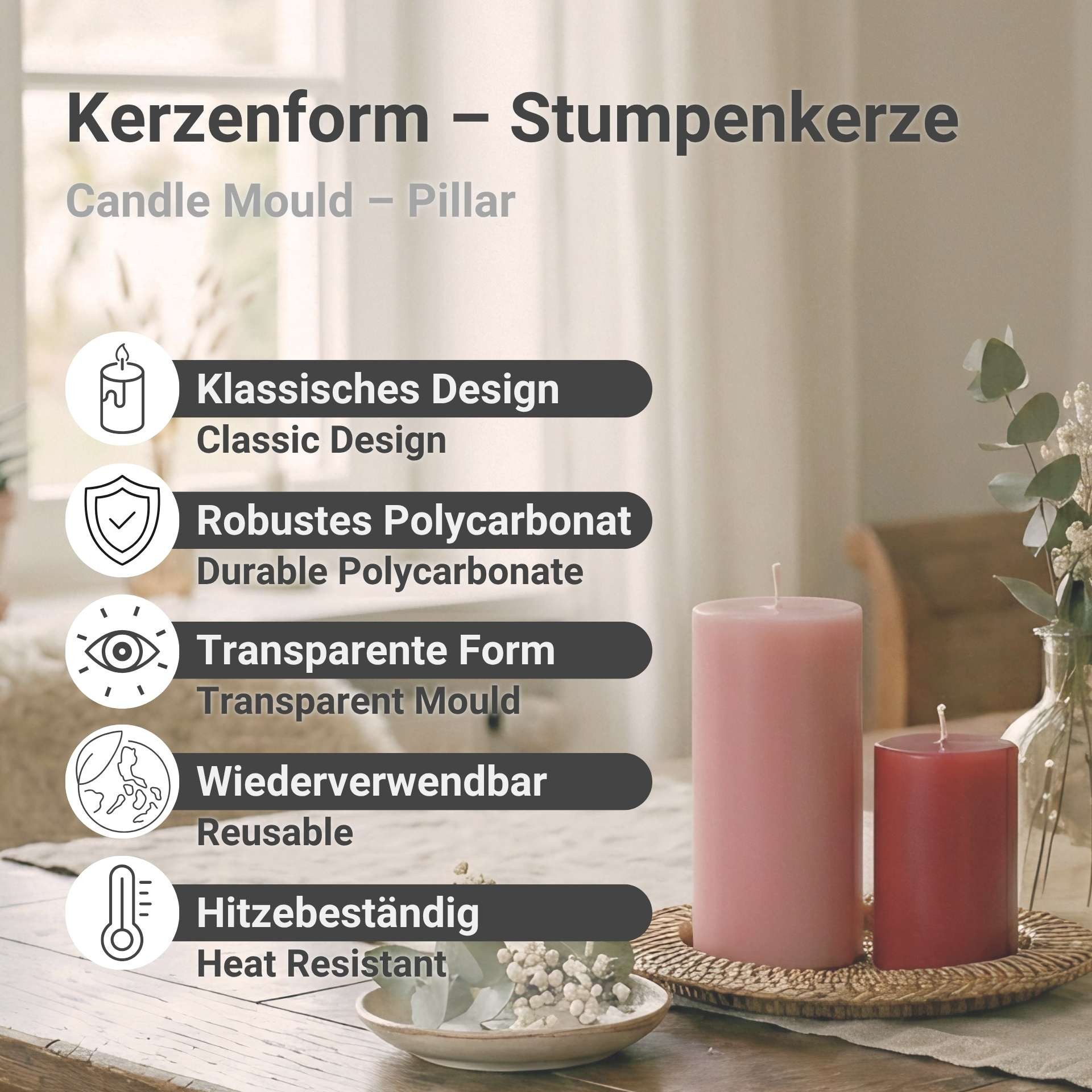DistrEbution Stumpenkerze Gießform, Kerzenform zum Kerzengießen, Temperaturbeständig, Wiederverwendbar