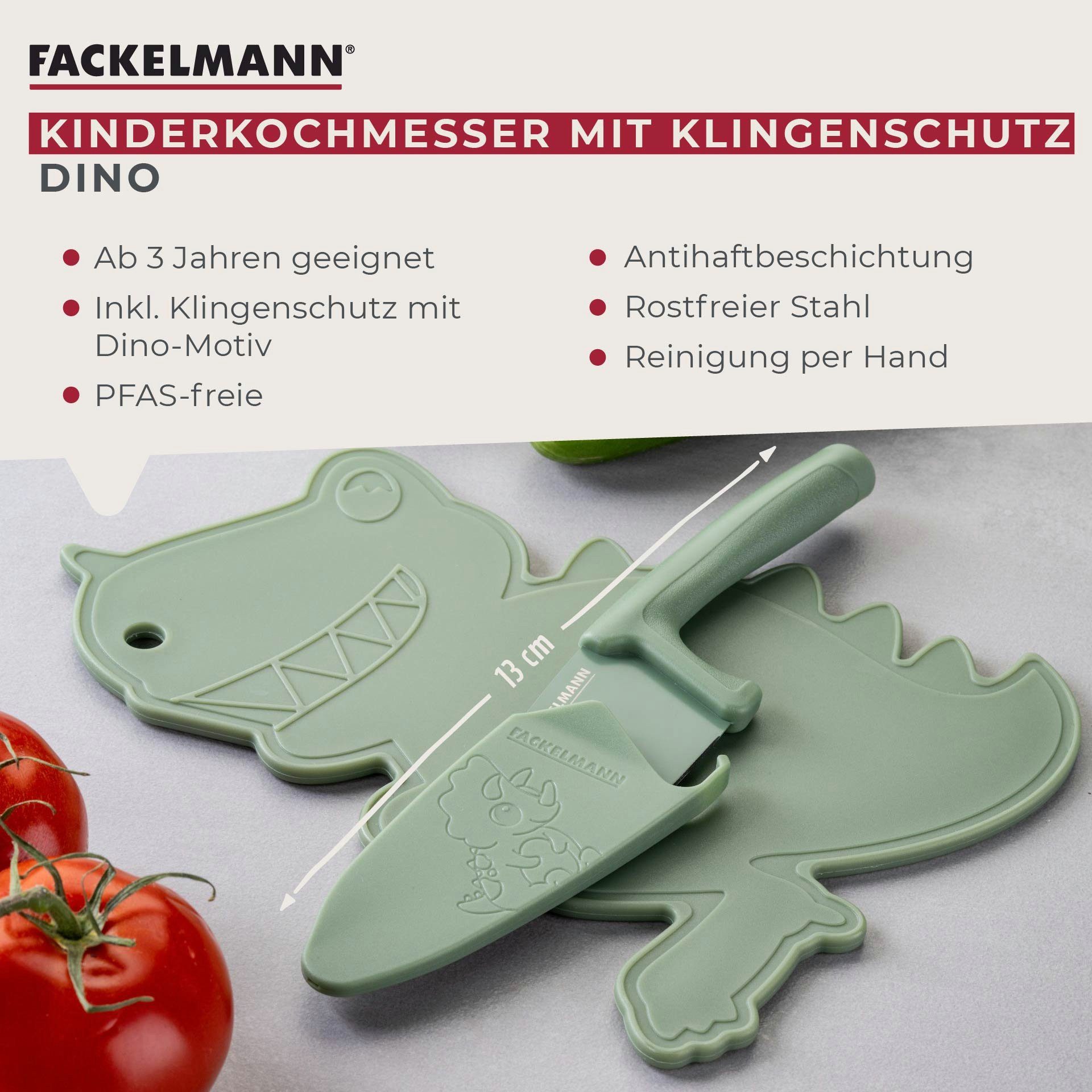 FACKELMANN Kinderbesteck Kinderkochmesser Dino, Mini Messer, Kindermesser, mit Klingenschutz