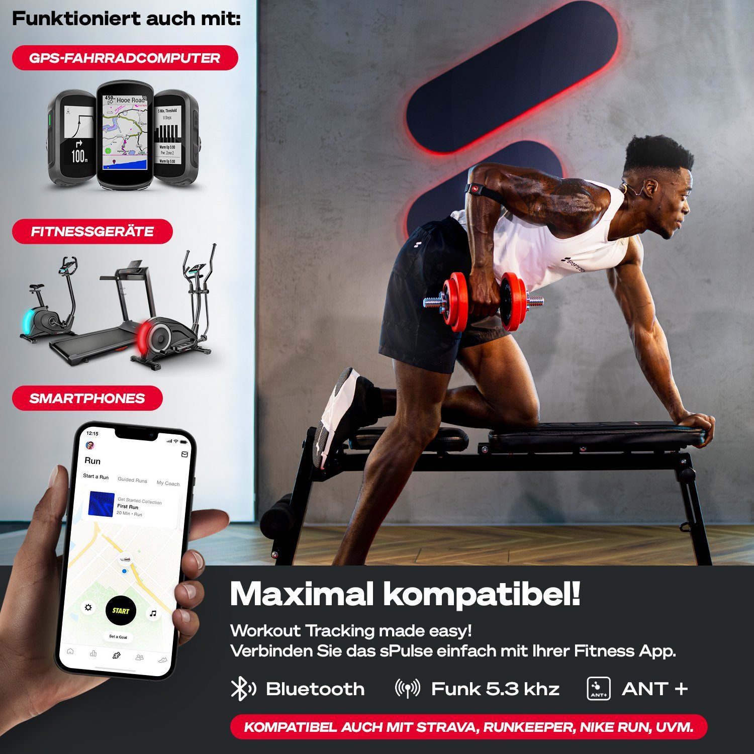 Sportstech Pulsgurt sPulse, Bluetooth & ANT+, LED Feedback