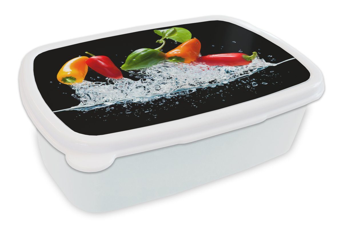 MuchoWow Lunchbox Paprika - Schwarz - Gemüse - Wasser - Blatt, Kunststoff, (2-tlg), Brotbox für Kinder und Erwachsene, Brotdose, für Jungs und Mädchen weiß