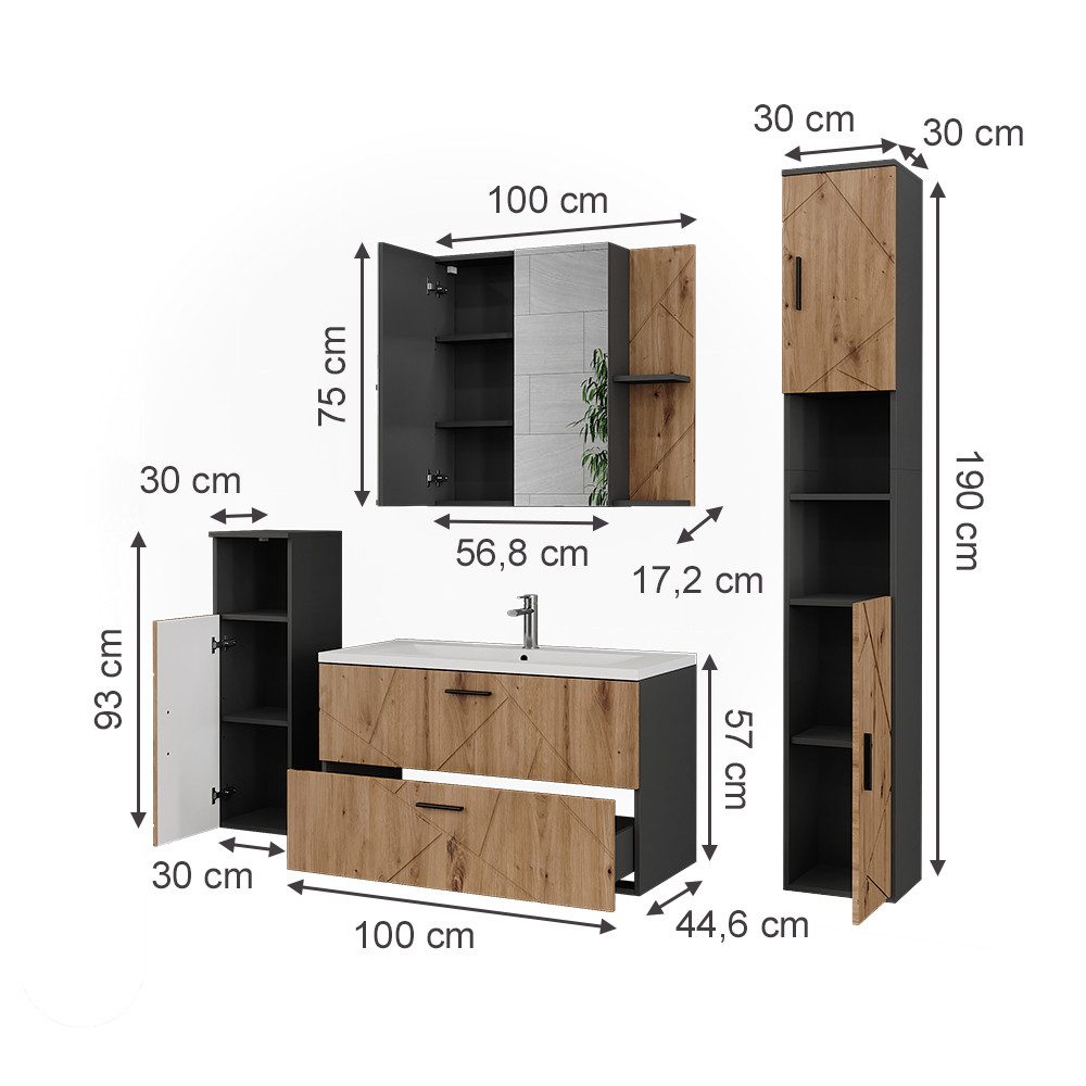 Vicco Badmöbel-Set Irma, Anthrazit/Goldkraft Eiche, 5 Teile, (5-St., 5er Set)