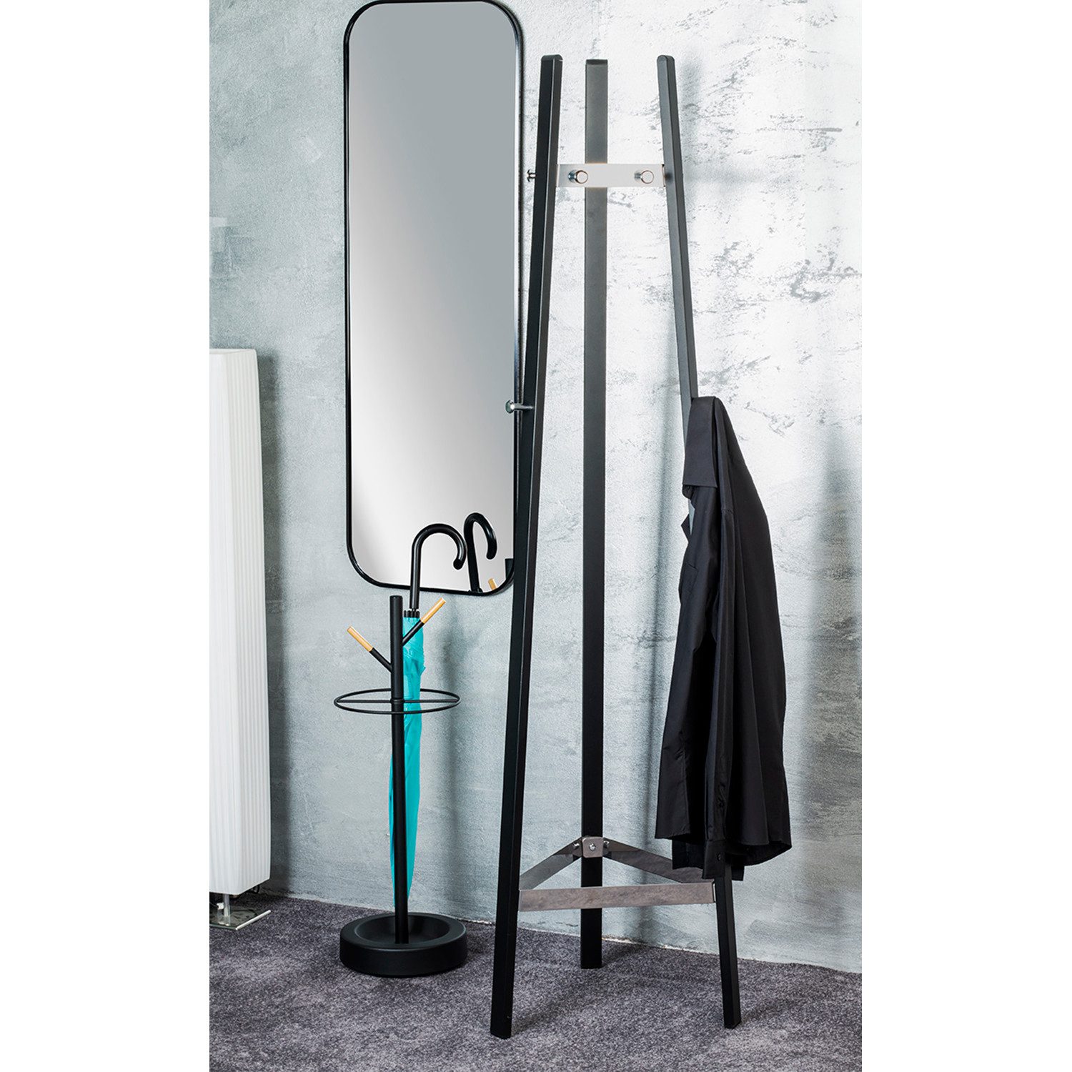 HAKU Garderobenständer PAUL Garderobe - chrom-schwarz - Metall - H. 177cm x B. 47cm, (1xGarderobenständer, Hakenständer - Aufhängeständer), Kleiderständer - Mantelständer - Jackenständer