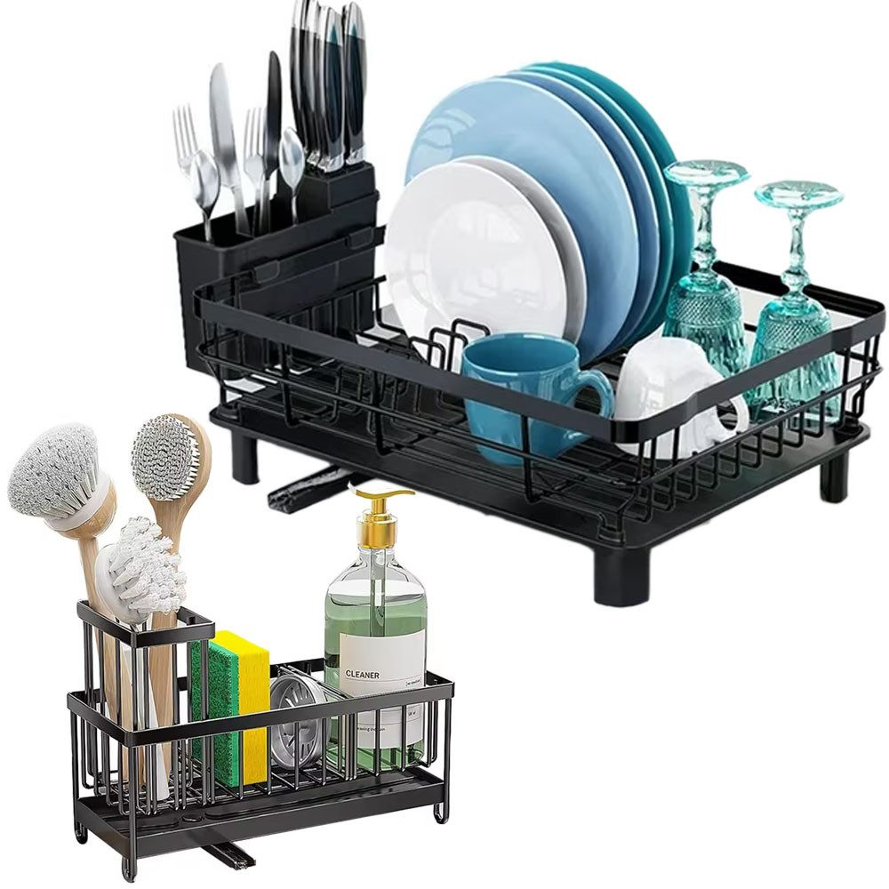 SURFOU Geschirrständer Abtropfgestell Geschirrabtropfgestell Spülbecken Organizer Set, Zubehör für für die Küchentheke, Geschirrabtropfgestell mit Utensilienhalter & Messerschlitzen und 360°abnehmbarem Auslauf, für Besteck, Messer, Löffel, Gabeln, Teller,
