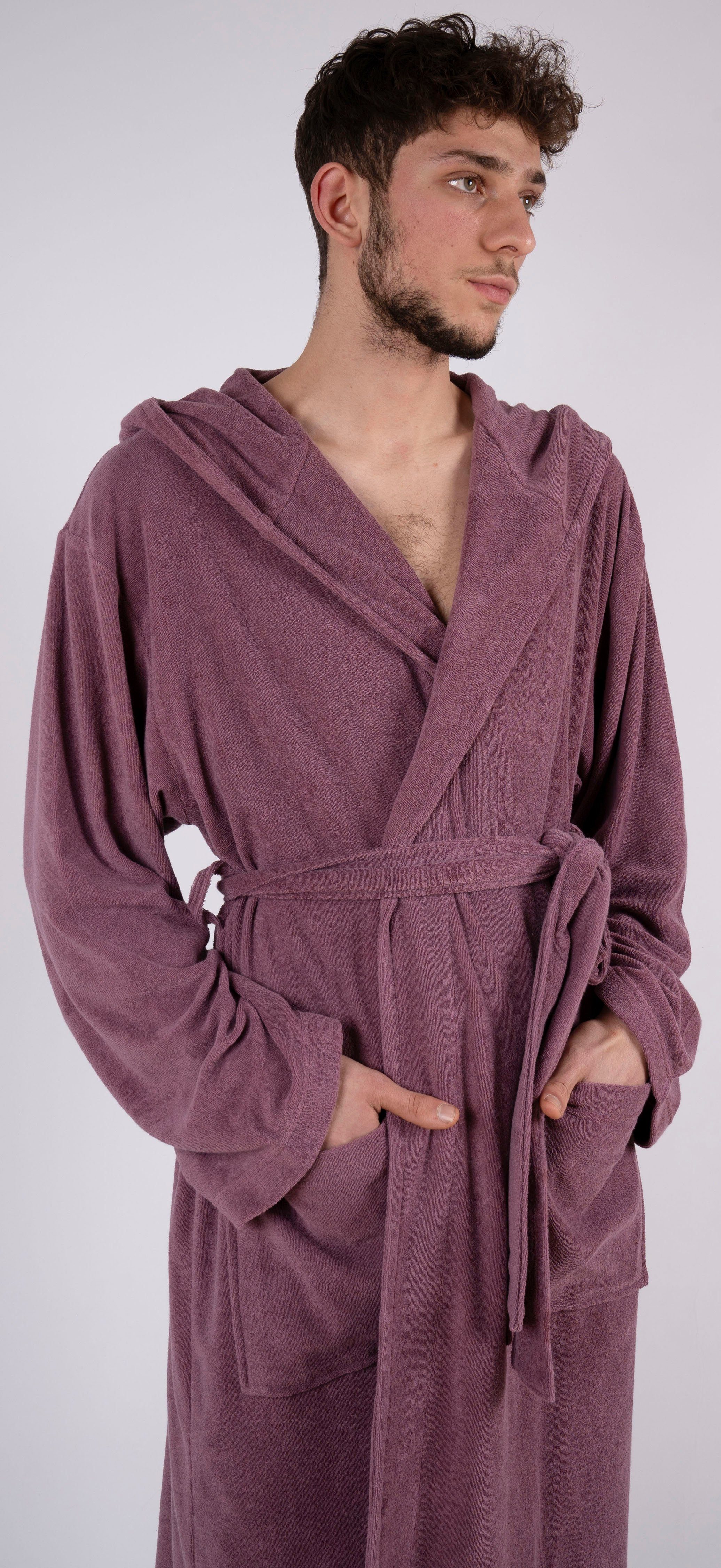 my home Herrenbademantel Jule, ideal für Sauna & Spa, Hotelbademantel, Morgenmantel, Langform, Wirkfrottee, Kapuze, Gürtel, einfarbiger Leichtfrottier-Bademantel, hoher Baumwollanteil, S-4XL
