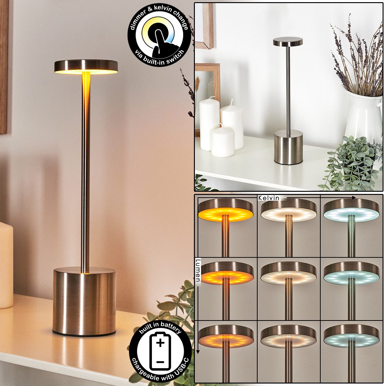 Tischleuchte dimmbare Tischlampe aus Metall/Kunststoff in Nickel-matt/Weiß
