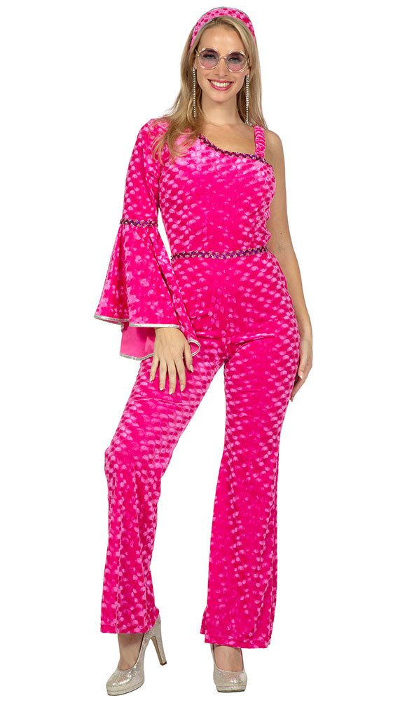 Karneval-Klamotten Kostüm 70er Jahre Disco Schlager Damen Catsuit Samt pink, Stretch Disco-Overall Damenkostüm Frauenkostüm Schlager Party Karneval