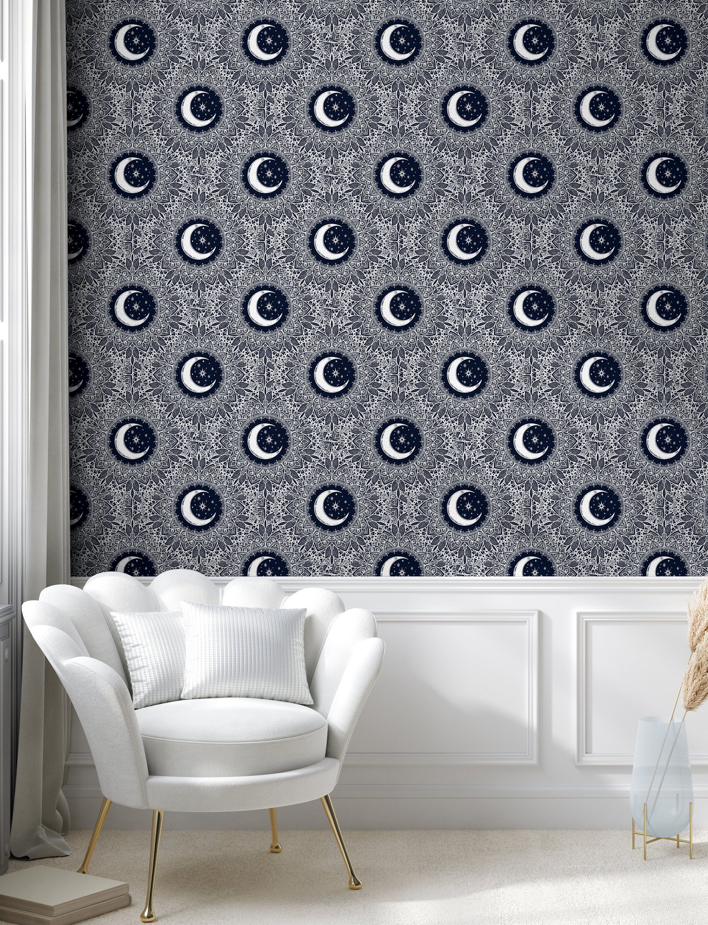 Abakuhaus Vinyltapete selbstklebendes Wohnzimmer Küchenakzent, Abstrakt Mond-Stern-Blätter Crescent