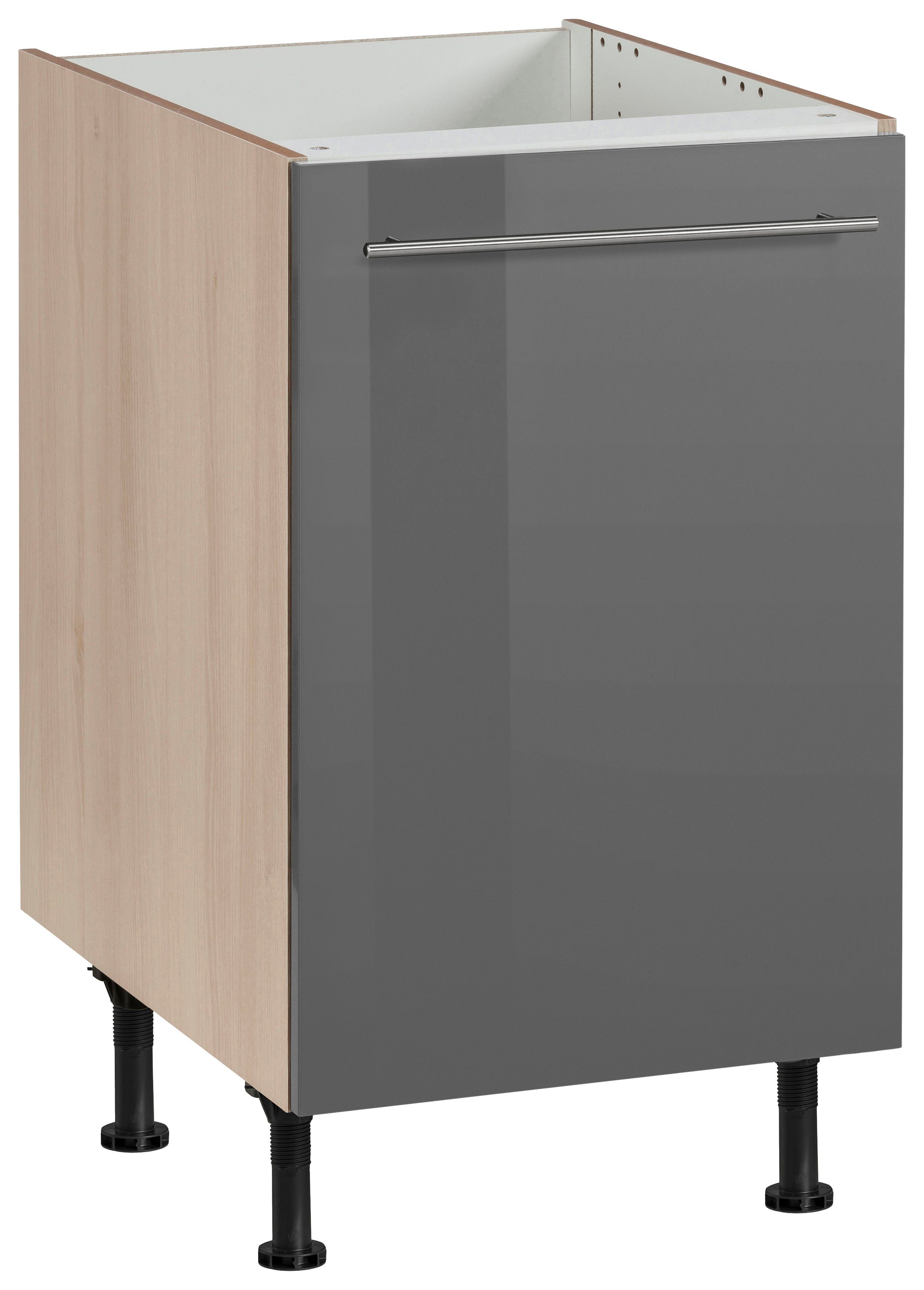 OPTIFIT Spülenschrank Bern 50 cm breit, mit 1 Tür, mit höhenverstellbaren Füßen, mit Metallgriff grau Hochglanz/akaziefarben | akaziefarben