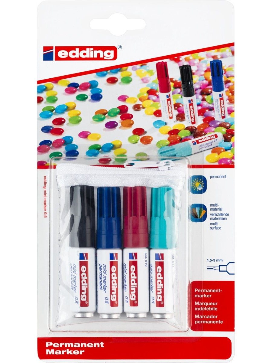 edding Permanentmarker Mini Permanentmarker Set 4-teilig Rundspitze wischfest, Rundspitze wisch- und wasserfest lichtbeständig