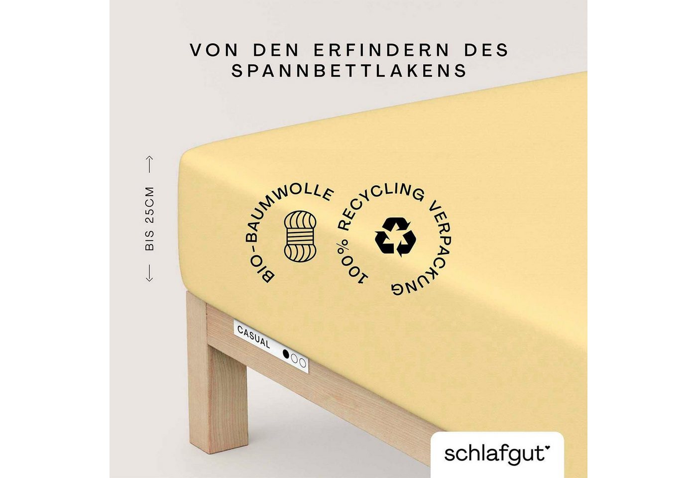 Schlafgut Spannbettlaken CASUAL Bettlaken 100% gekämmte Bio-Baumwolle, 150 g/m², Spannbetttuch, Jersey, Gummizug: rundum, (1 Stück), Bettlaken bis 25 cm Höhe, langlebig, weich, Antipilling-Ausrüstung