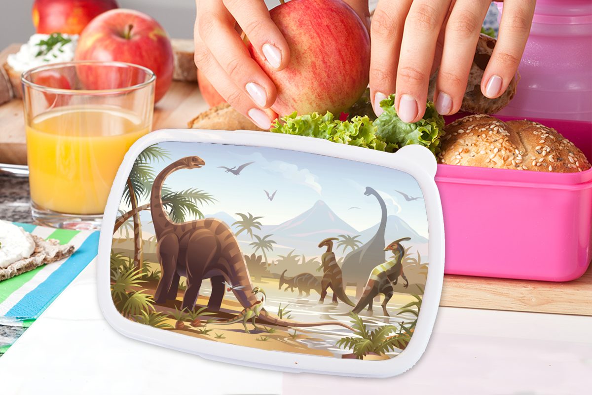 Lunchbox Mädchen, Brotdose Kinderzimmer MuchoWow Wasser für Erwachsene, Dinosaurier, rosa Kunststoff, (2-tlg), Snackbox, - Brotbox Kinder, Kunststoff -