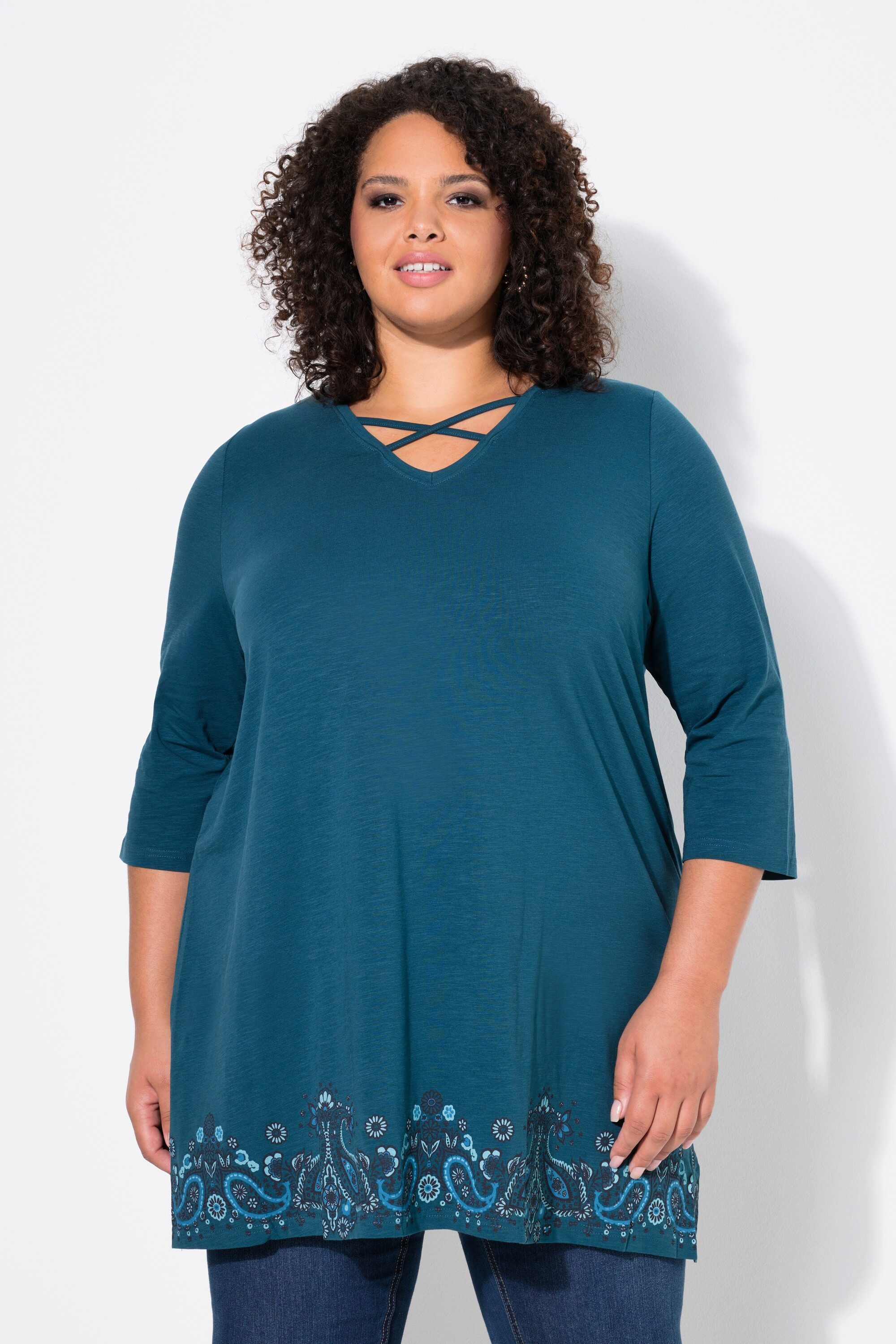 Ulla Popken Longshirt Longshirt Bordürendruck A-Linie V-Ausschnitt