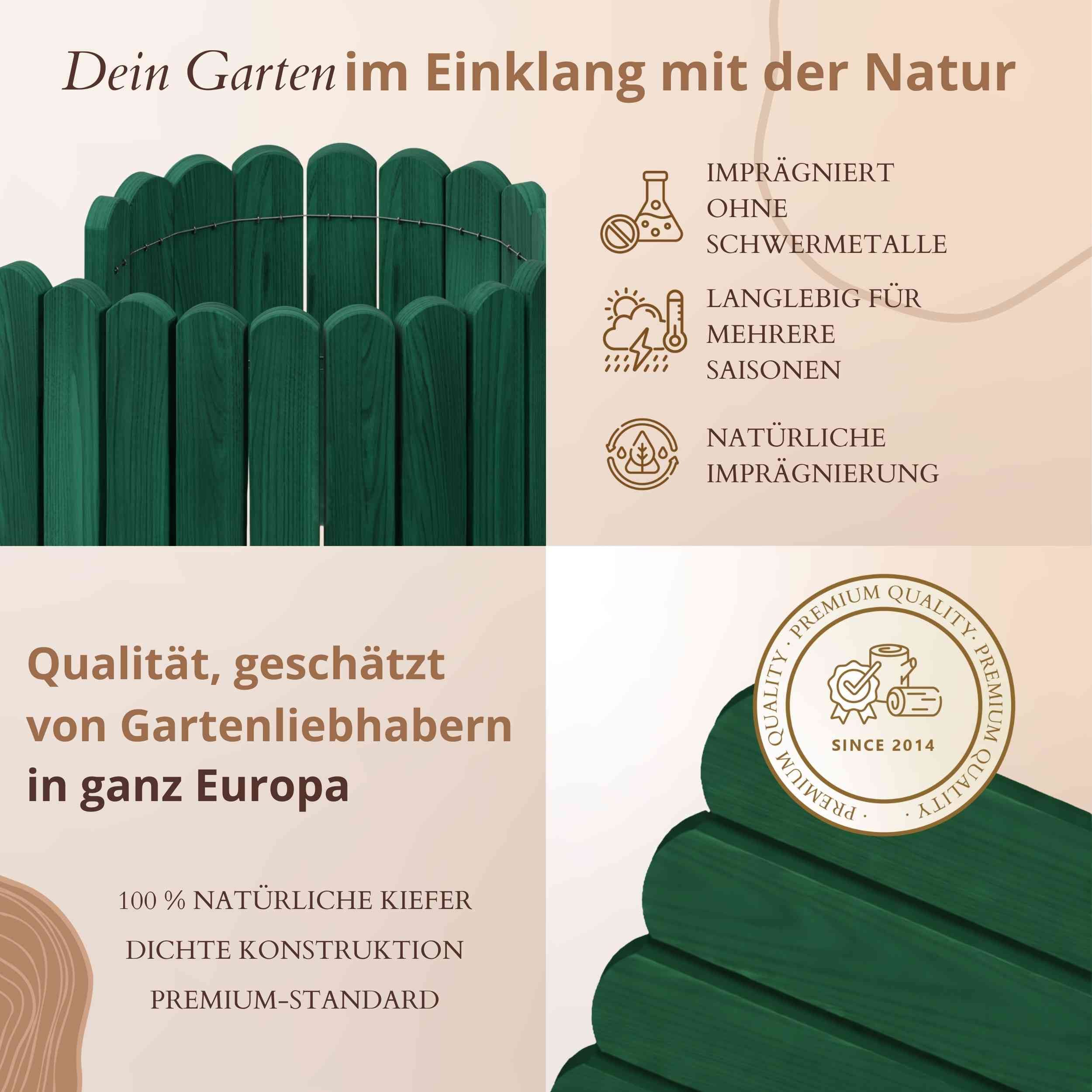 Floranica Palisade Flexible Rasenkante Rollborder Beeteinfassung Beetumrandung Holzzaun, LxH: 100x10 cm, Grün, Dekozaun Umzäunung von Blumenbeeten Kräutergarten Wege Rasenbegrenzung
