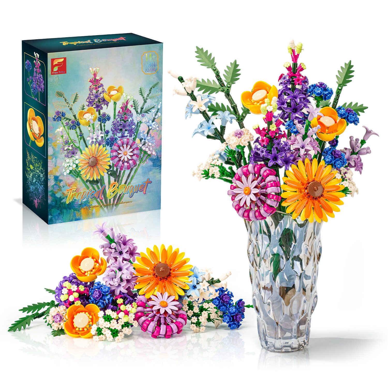 Esun Klemmbausteine Blumen 16 Wildblumen Set Blumenstrauß Bausteine 1183 St Spielbausteine, (Set, 1183 St., Komplettset), Geschenk für Frauen Männer Kinder Erwachsene