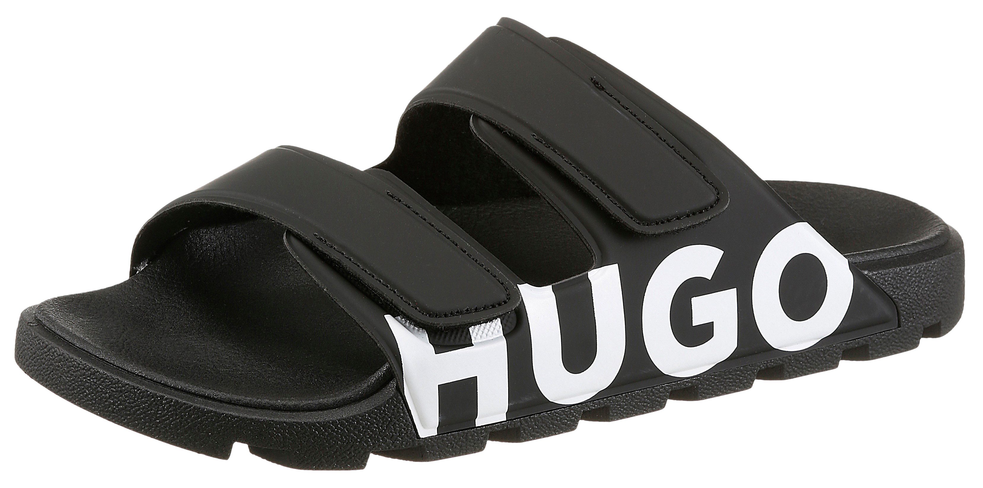 HUGO Evander_Sand Pantolette Logo Sandale, Sommerschuh, Strandschuh mit zwei Klettverschluss-Riemen
