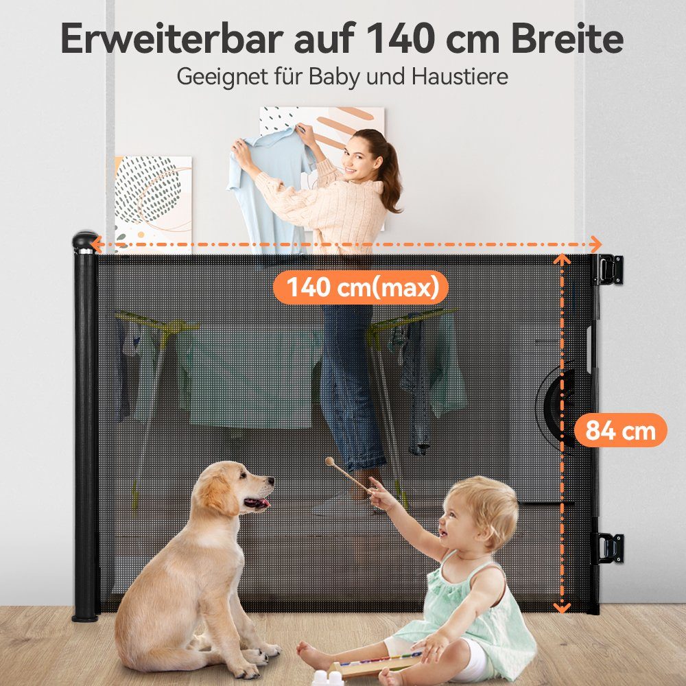 MAEREX Türschutzgitter Flexible Haustier-Türgitter 0-180° Einziehbar (Kinderschutzgitter 0-140cm), Treppenschutzgitter Schwarz