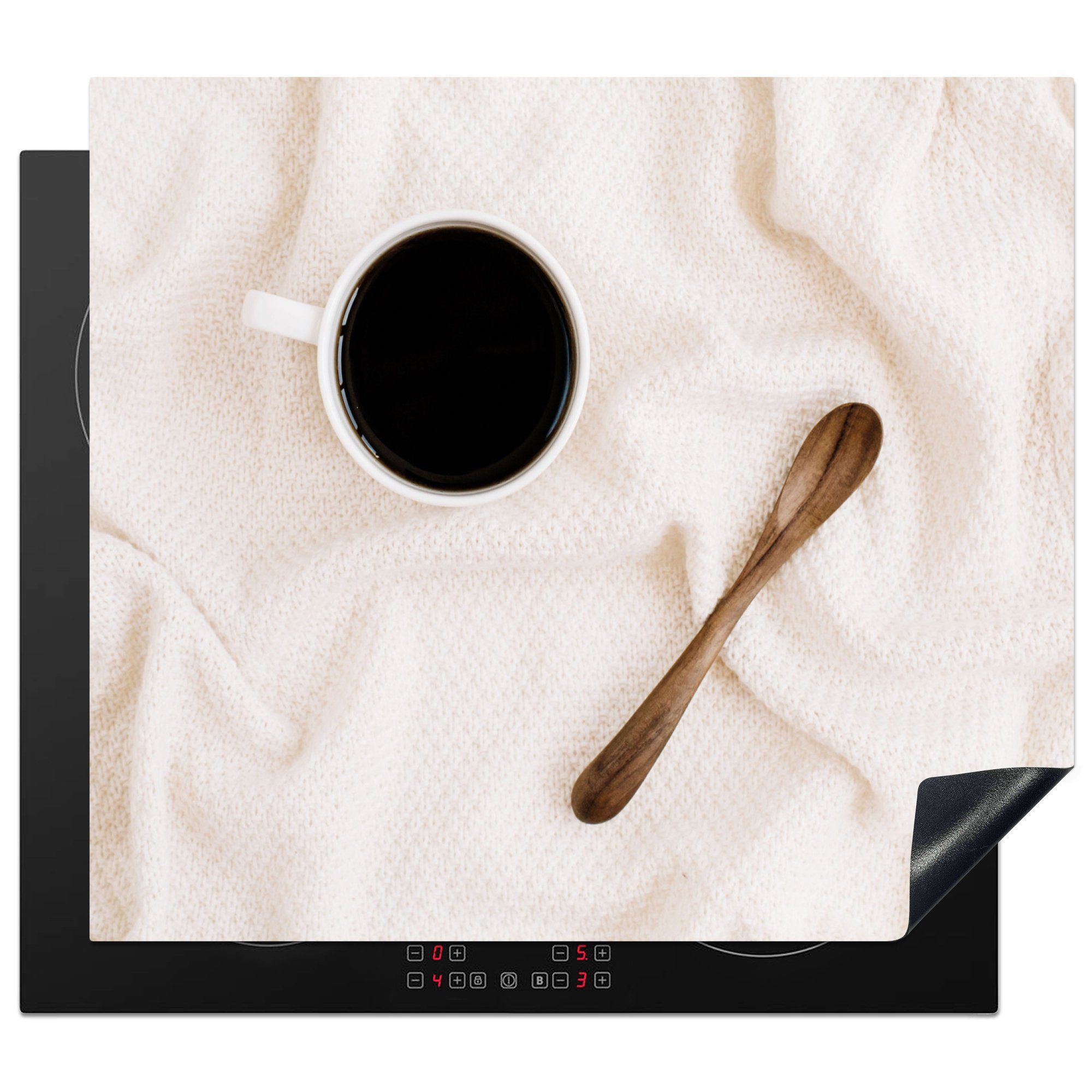 MuchoWow Herdblende-/Abdeckplatte Kaffee - Löffel - Becher, Vinyl, (1 tlg), 60x52 cm, Mobile Arbeitsfläche nutzbar, Ceranfeldabdeckung