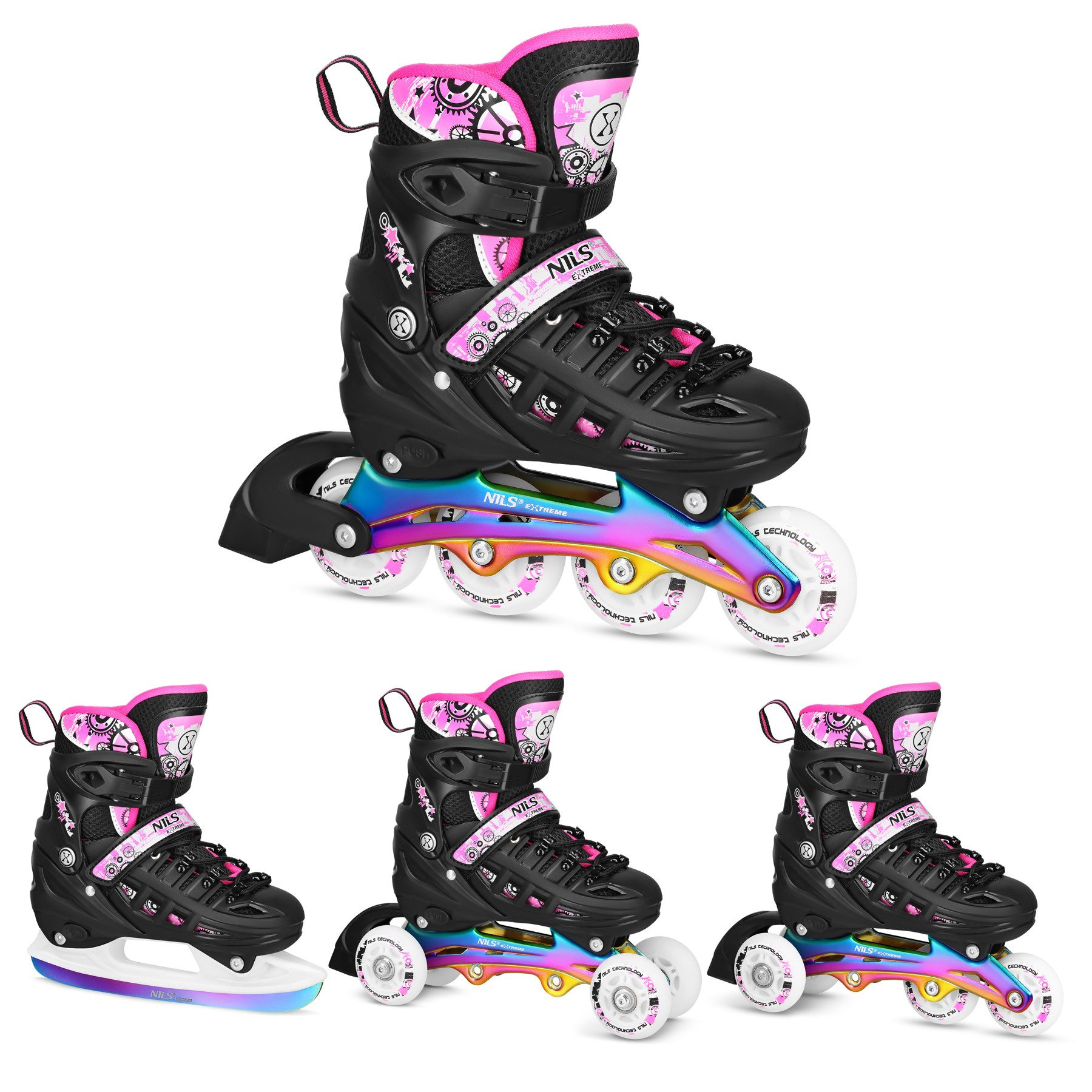 NILS EXTREME Inlineskates 4-IN-1 Inliner LED Schlittschuhe Rollschuhe wechselbare Kufen Pink, Verstellbare Größe & leuchtende Rollen